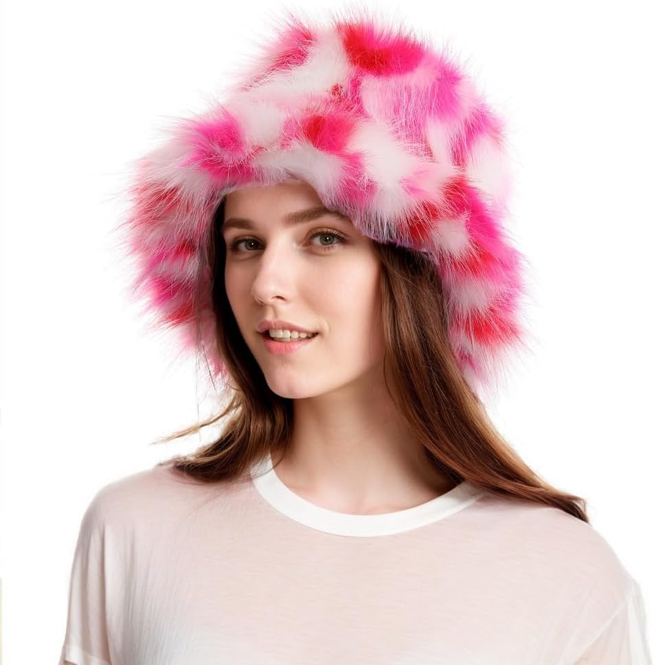 Tngan Rainbow Bucket Hat for Women Cute Faux Fur Fisherman Hat Fuzzy Winter Warm Cap Fluffy Hat for Outdoor Activities