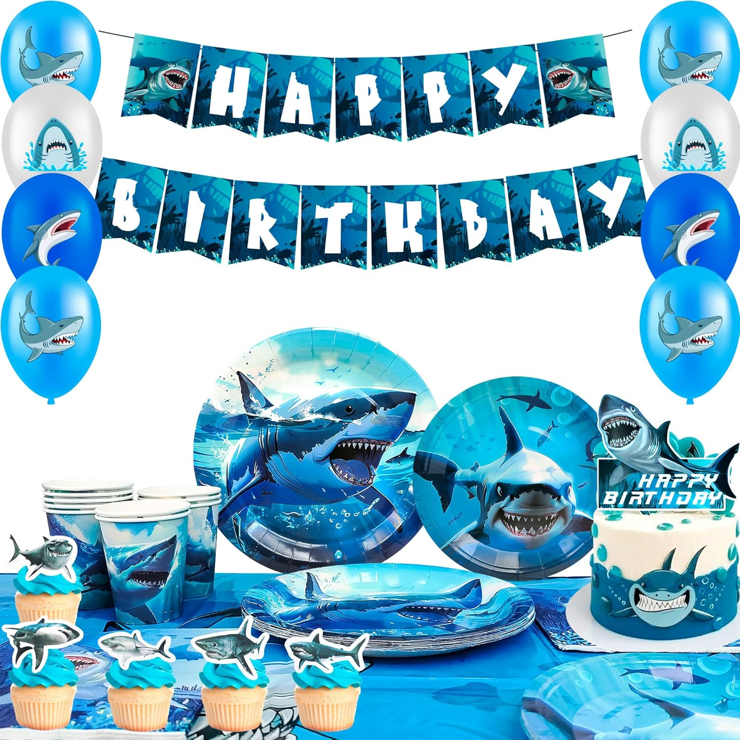 Shark Party Supplies,81 Pcs Shark Birthday Party Decorations & Shark Party Tableware Set - Shark Plates and Napkins Tablecloths & Shark Balloons Banner Shark Cake Toppers Etc Decorations