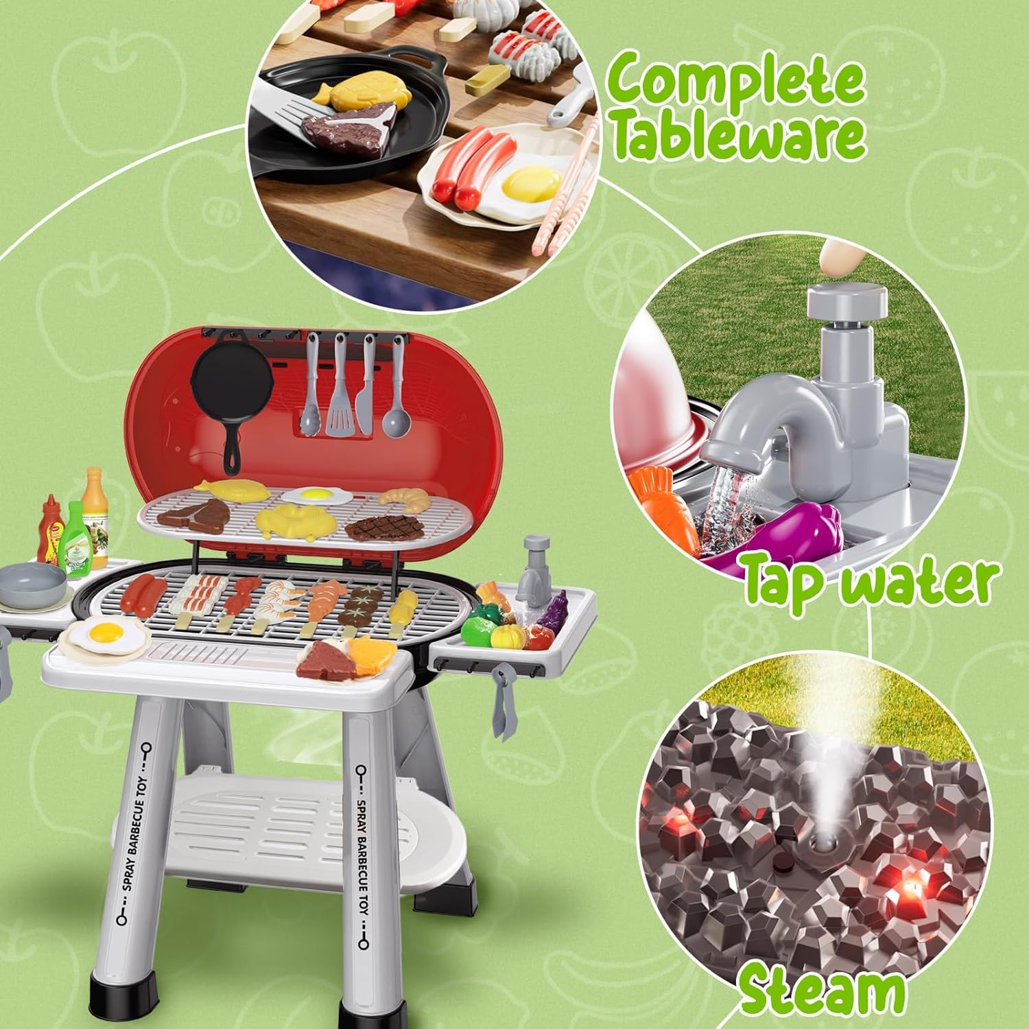 Kids BBQ Grill Toy Playset - Barbecue Toys 68PCS Camp Cooking Set, Pretend Play Grill Toddlers Outdoor Activity - Little Chef Interactive BBQ with Light&Sound Birthday Gift for Boys Girls Age 3+ image number 2