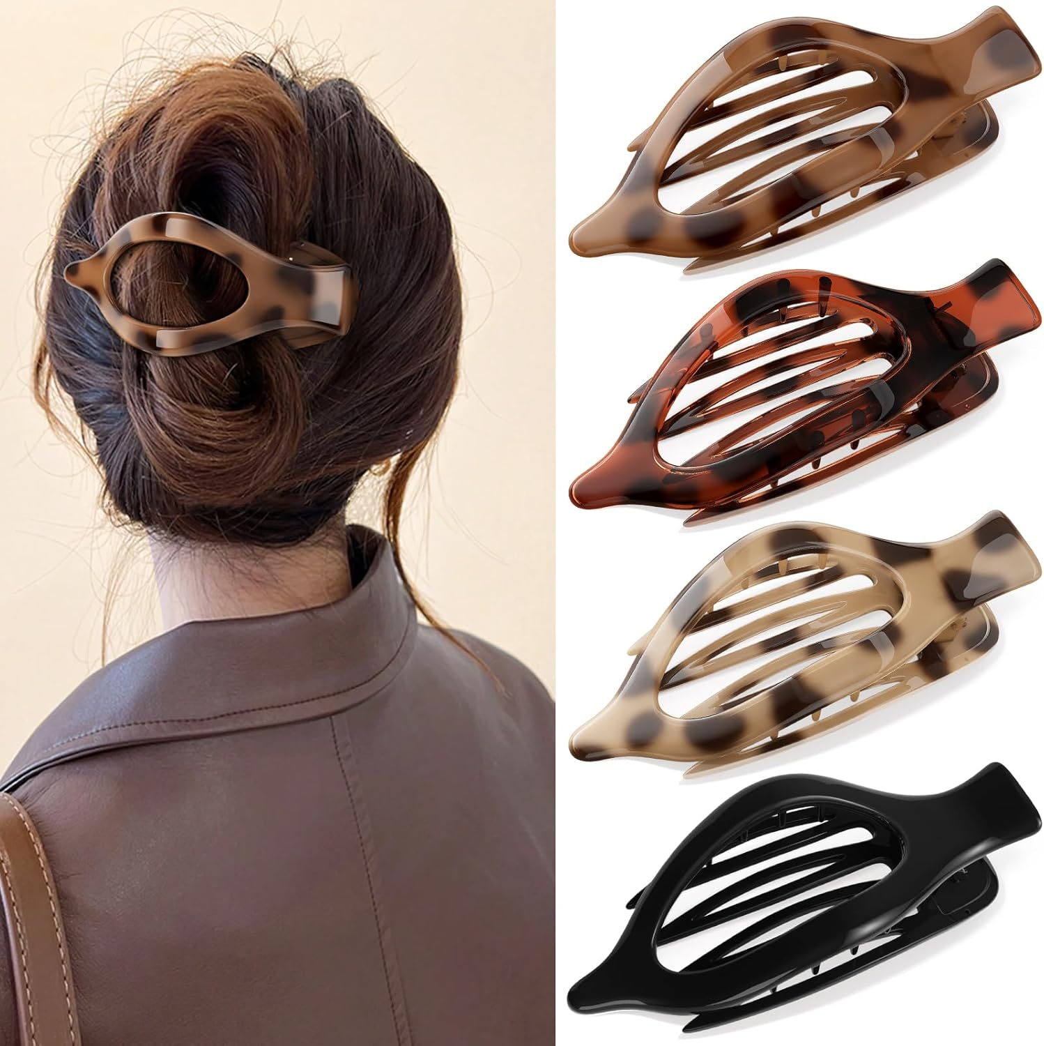 Oeusnael 4 PCS Large Flat Hair Clips for Women Girls, French Concord Lay down Hair Claw Clips for Thick Thin Hair, Matte Non-Slip Strong Hold Hair Accessories (Tortoise)