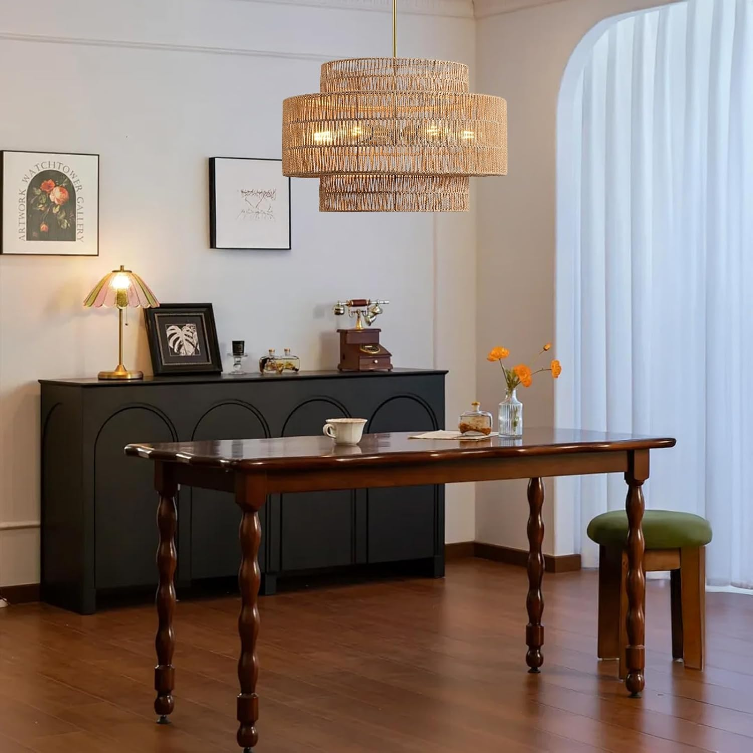 USOR 6-Light Boho Rattan Chandelier Vintage Light Fixture Woven Dome Farmhouse Pendant Light Wicker Straw Look Lamp Rattan Pendant Shade for Kitchen Island Foyer Bedroom Living Room Dining Room D60M image number 1