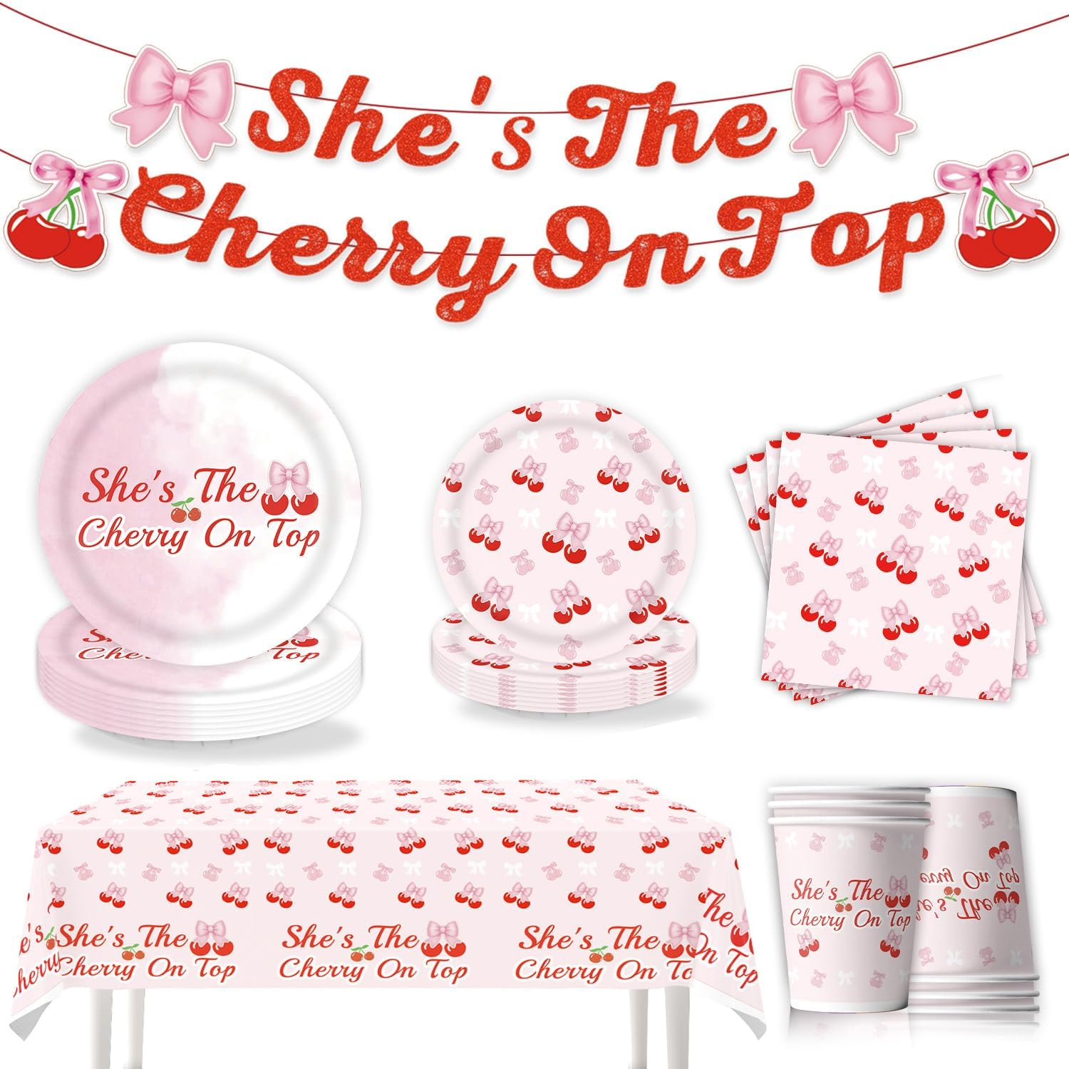 62PCS Cherry Tableware Plates Romance Red Cherry Banner Tableware Set Valentine'S Day Party Decorations Theme Dinner Disposable Paper Plates Napkins Cups Tablecloth Party Table Marry Memorial Decor image number 1