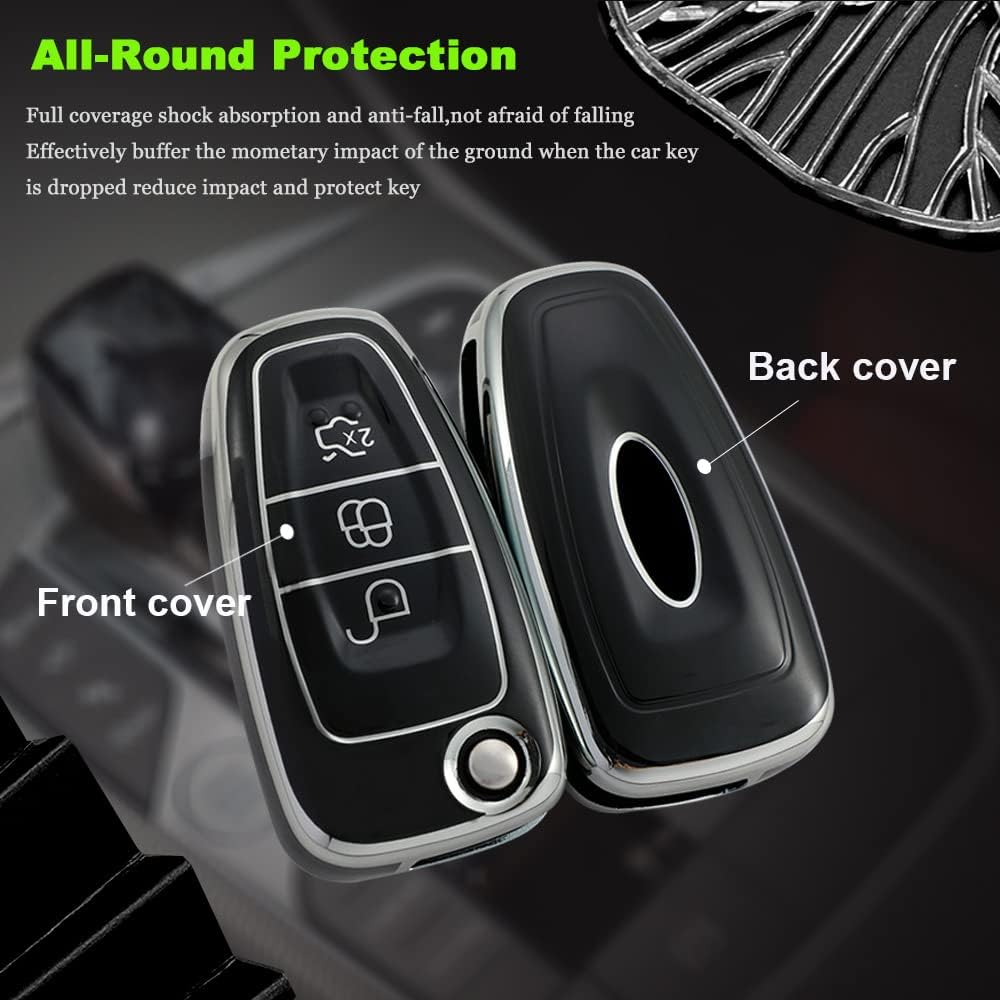 HIBEYO Flip 3 Button Key Fob Cover Compatible with Ford Focus 3 4 MK3 New Fiesta Mondeo Kuga Escape Ecosport Transit - Leather Keychain Black image number 2