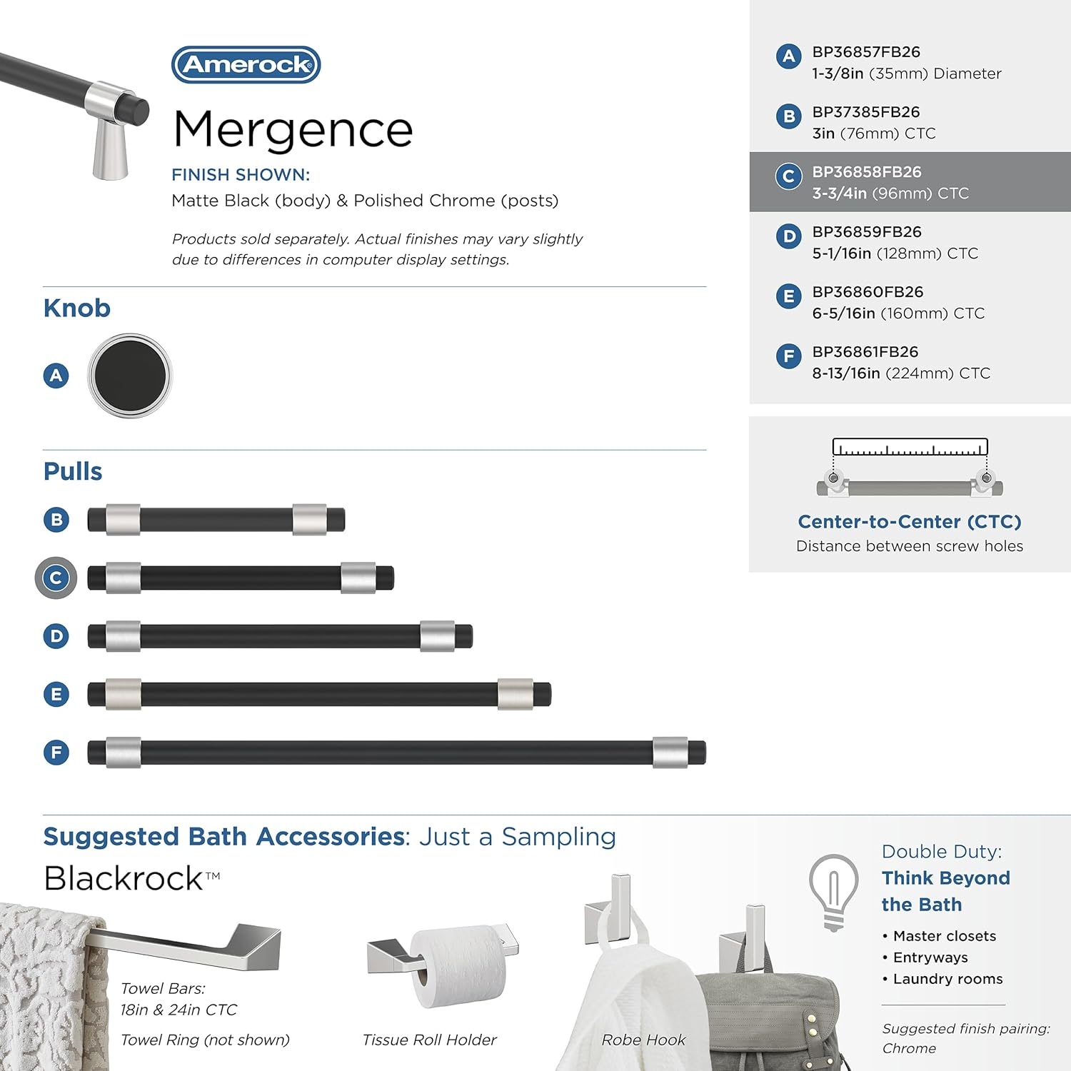 Amerock | Cabinet Pull | Polished Chrome/Matte Black | 3-3/4 Inch (96 Mm) Center-To-Center | Mergence | 1 Pack | Drawer Pull | Cabinet Handle | Cabinet Hardware image number 4