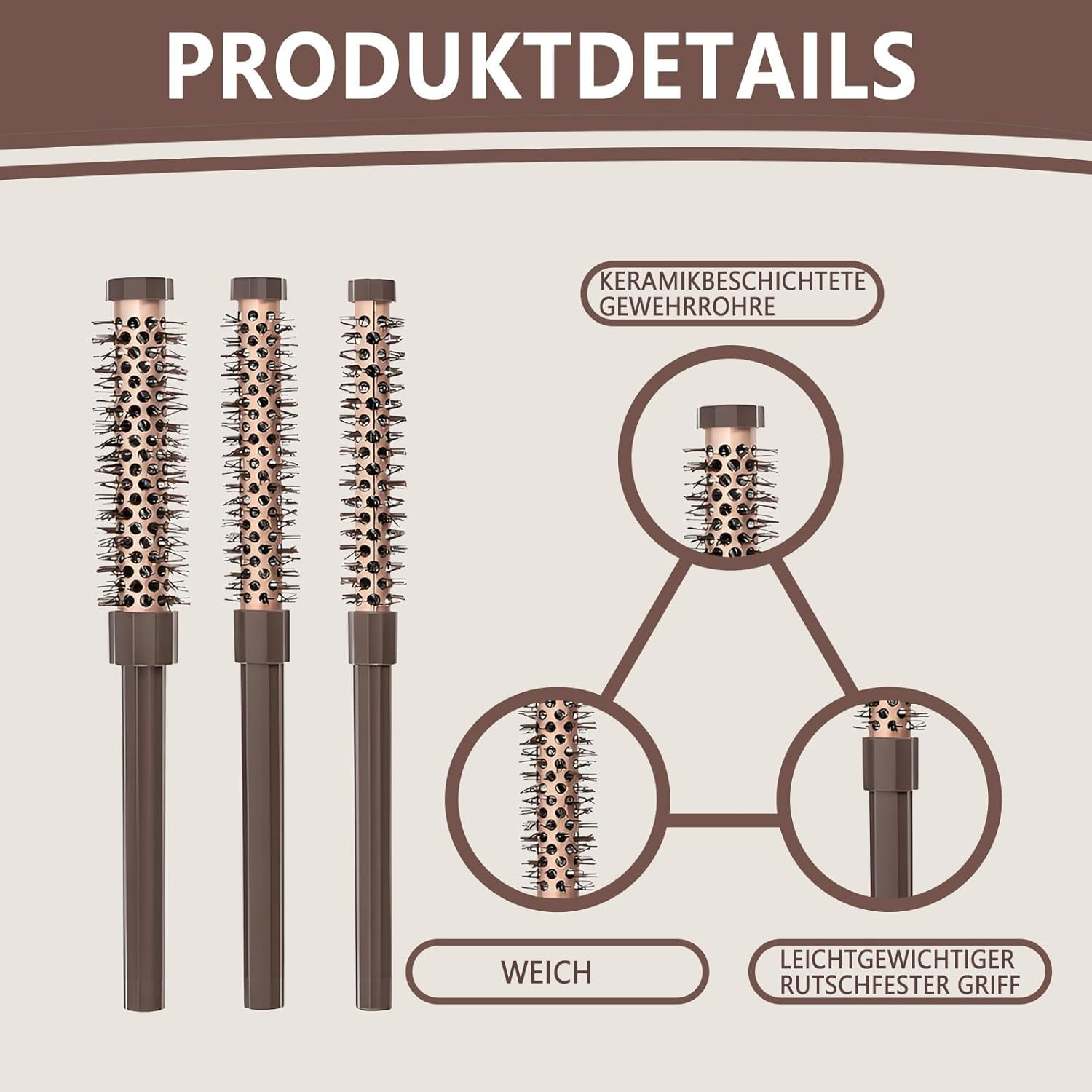 Set of 3 Small round Brushes, round Brush Set for Blow-Drying, Hair Brush, round for Short Hair, Pony Root, Curls and Straight Hair, 3 Pieces in Various Sizes image number 6