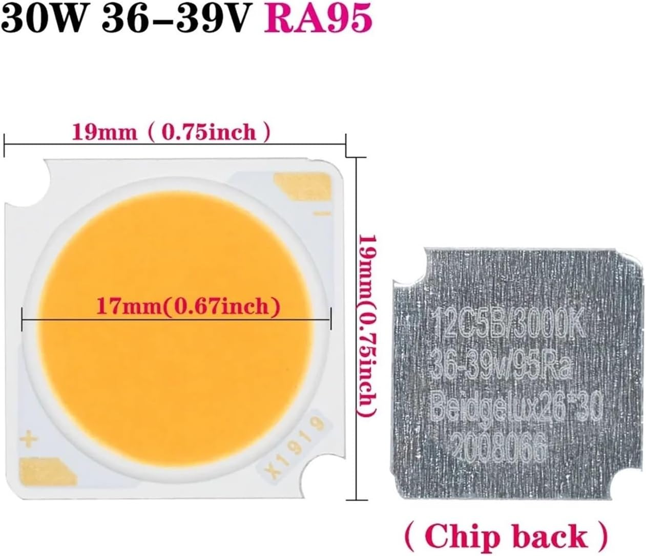 NFGZFNMKYW 2PCS Powerful Leds 36W 18W 30W RA95 COB Led Chip Bridgelux 3000K 36-39V for Projector Led Lensesdiodes Led Lamp Warmwhite(30W 600-750Ma)