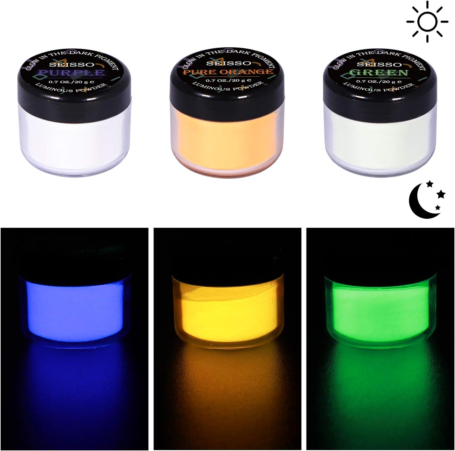Glow in the Dark Powder 6 Colors - 120G Set 20 G/0.7Oz Each with FREE UV Light | for Halloween, Nail Polish, Crafts, Slime, Epoxy Resin | Bright Luminous for Hours Pigment Safe for Skin & Crafts image number 2