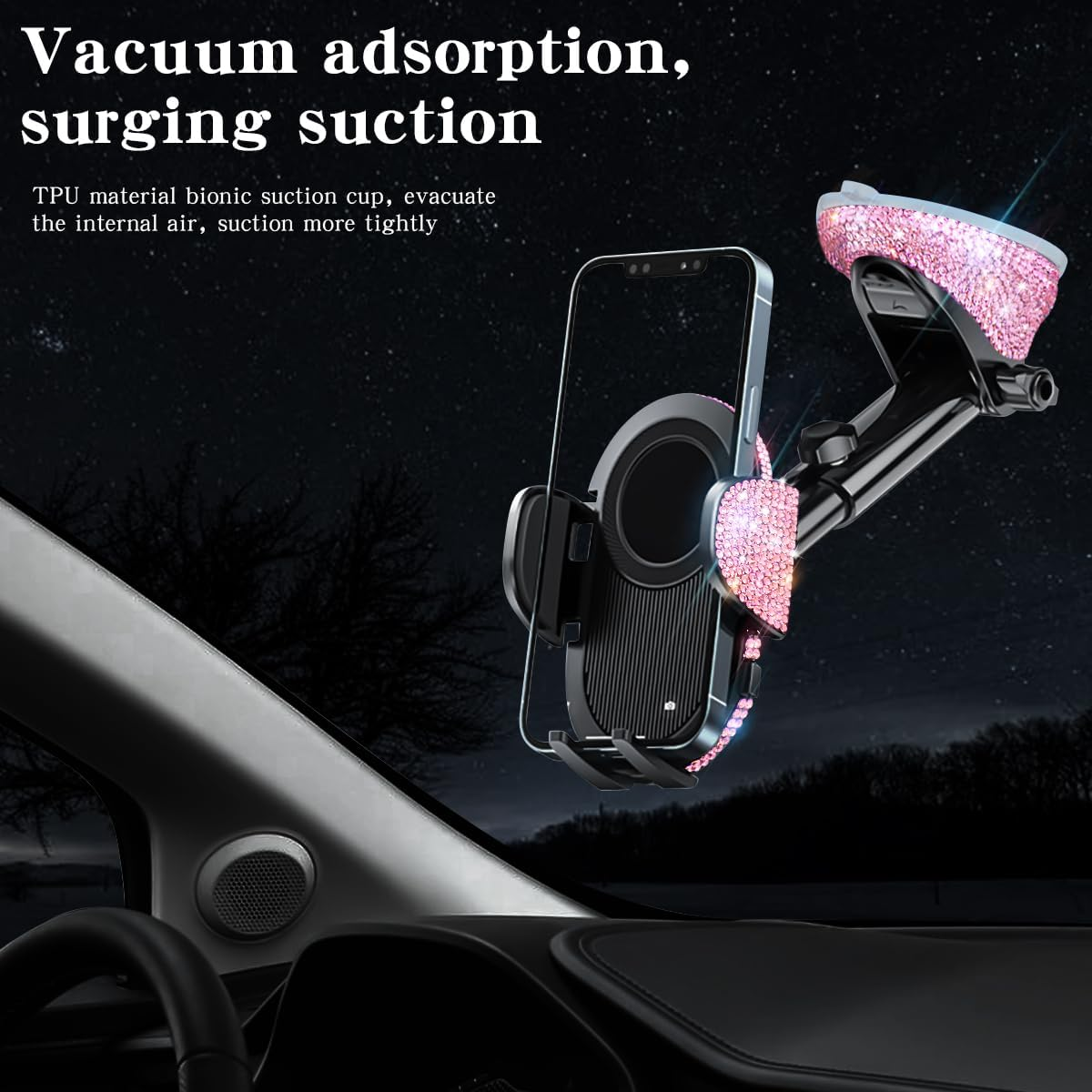 Bling Phone Holders for Car Women[Powerful Suction] [Rally Racing-Grade Stability] Sparkle Car Phone Holder Mount Dashboard Windshield Vent for Iphone All Phones (Pink Rhinestone) - Black image number 7
