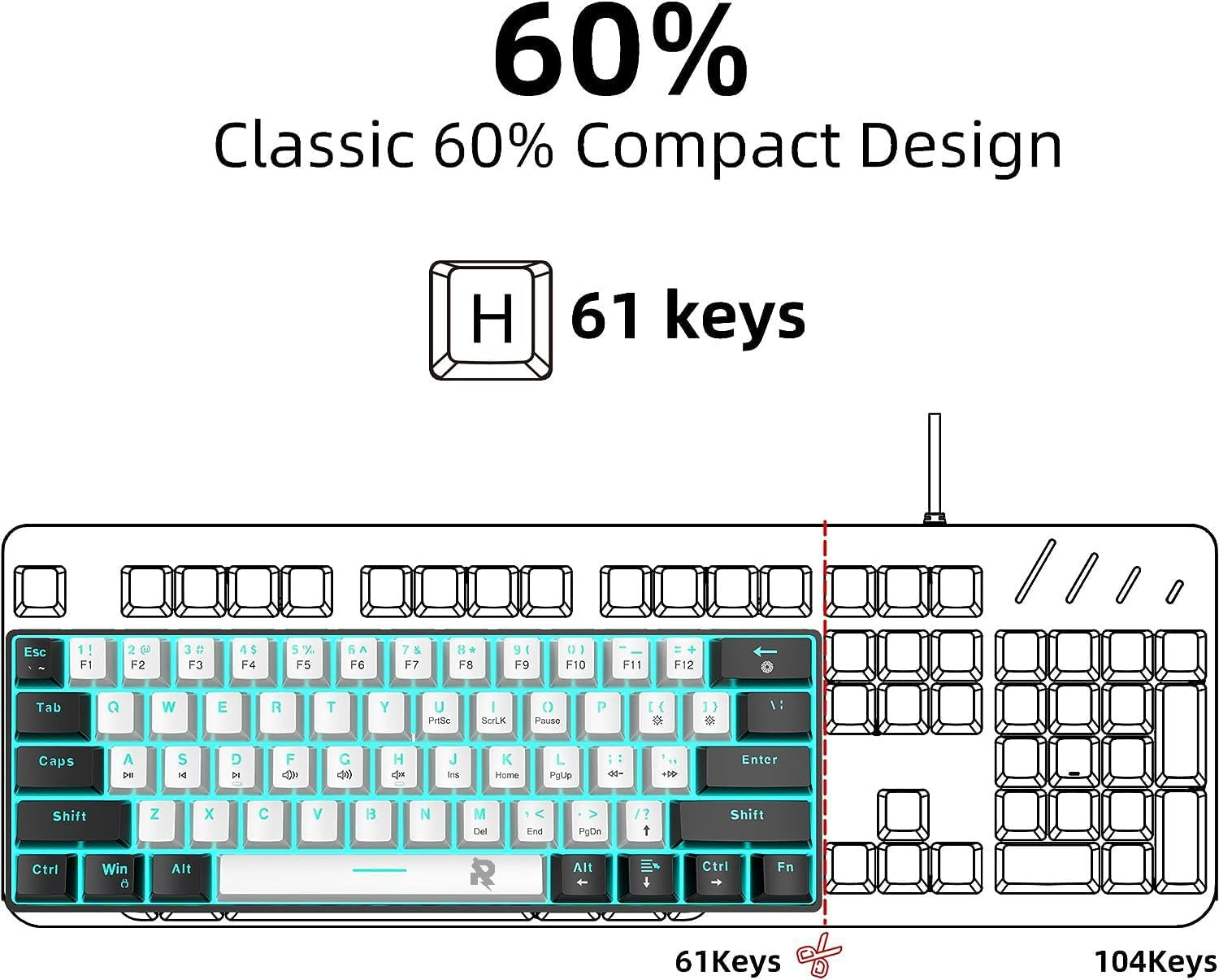 60% Wired Mechanical PC Gaming Keyboard, Ice Blue LED Backlit 61 Keys Mini Wired Office Keyboard for Windows Laptop PC Mac (Black White, Red Switches) image number 3