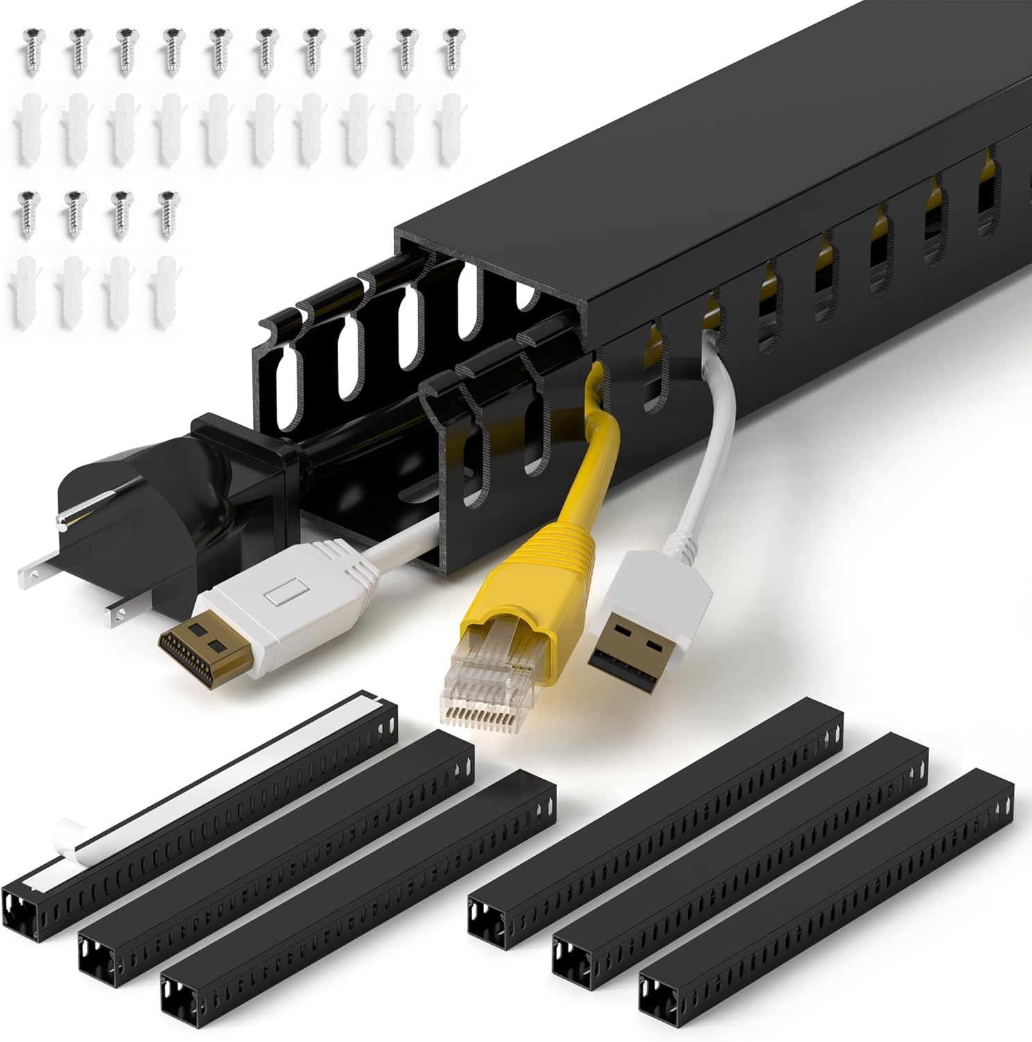 94.5In(6X L15.7In) Professional Server Rack Cable Management Raceway, H1.4 X W1.6In Cable Raceway Kit, Electrically Safe PVC Open Slot Wire Raceway for under Desk/Computer/Network Cords, Black image number 1