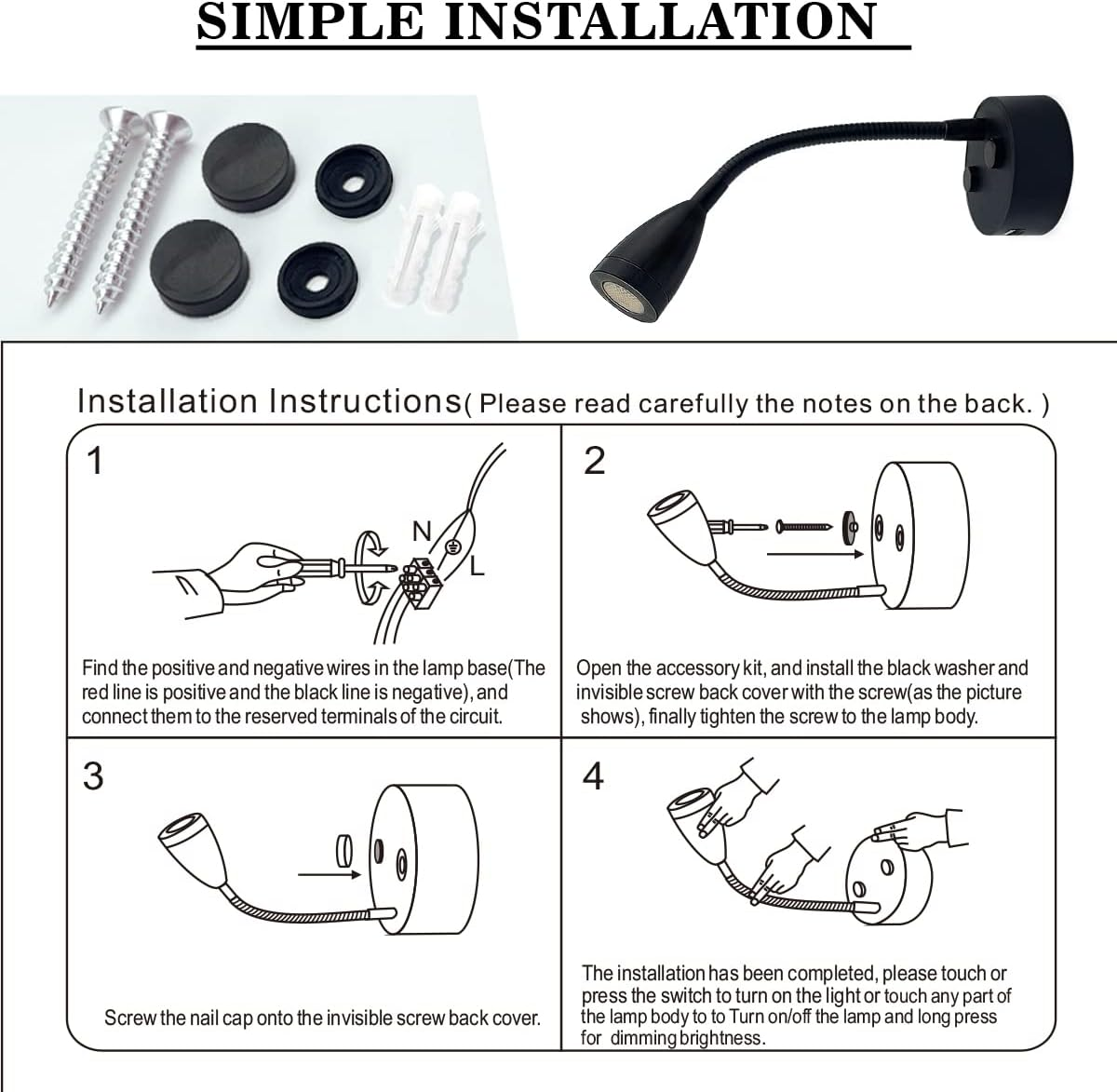Tznpnor 2 Pack 12-24V RV LED Bedside Light USB Charging Port Gooseneck LED Spotlight, Touch Dimming 360&deg; Rotating Spotlight for Camper Travel Truck Trailer RV Bedside Lamp (Black) image number 2