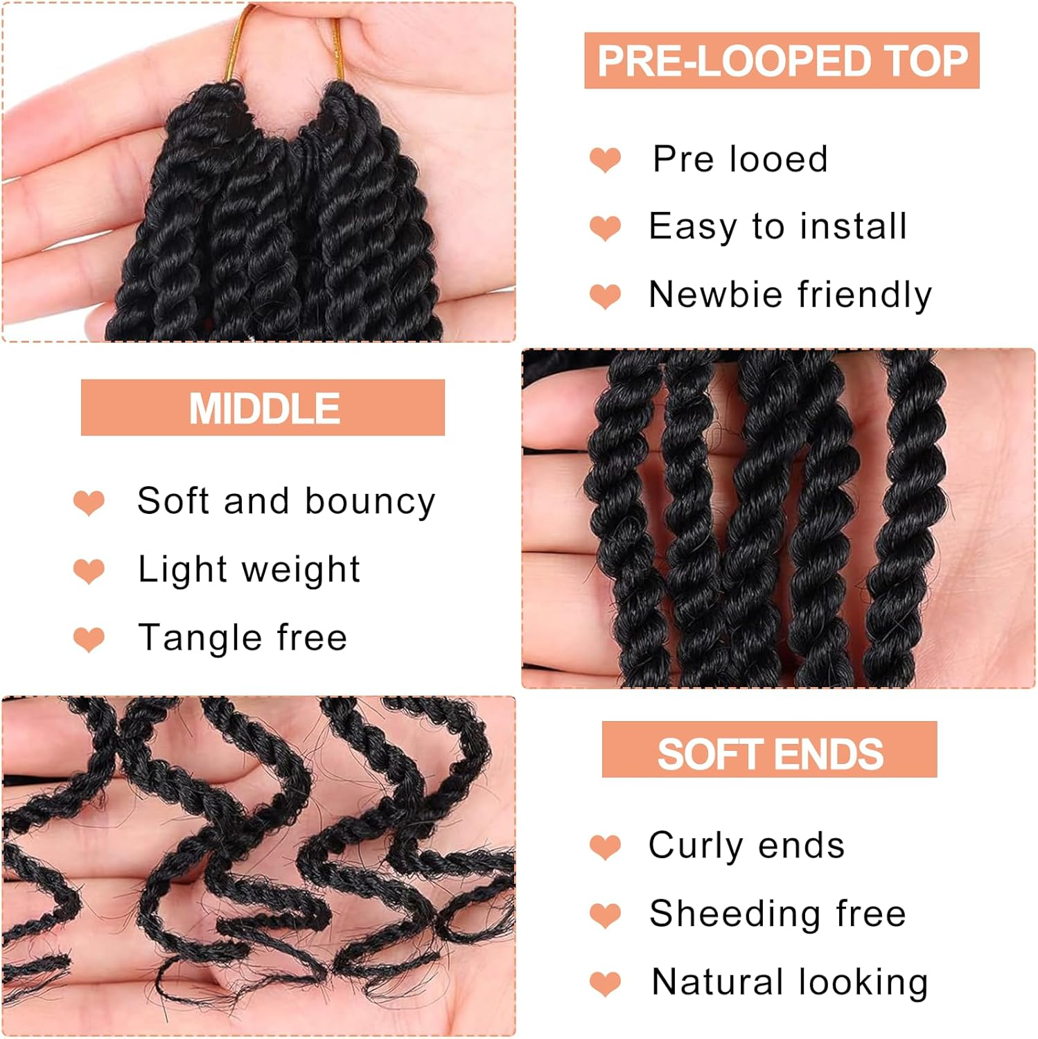 Mscat 14 Inch Wavy Senegalese Twist Crochet Hair, 8 Pack Synthetic Short Pre Looped Kids Crochet Braids with Curly Ends, Pre Twisted Small Havana Twist Braiding Hair for Black Women 1B# image number 2