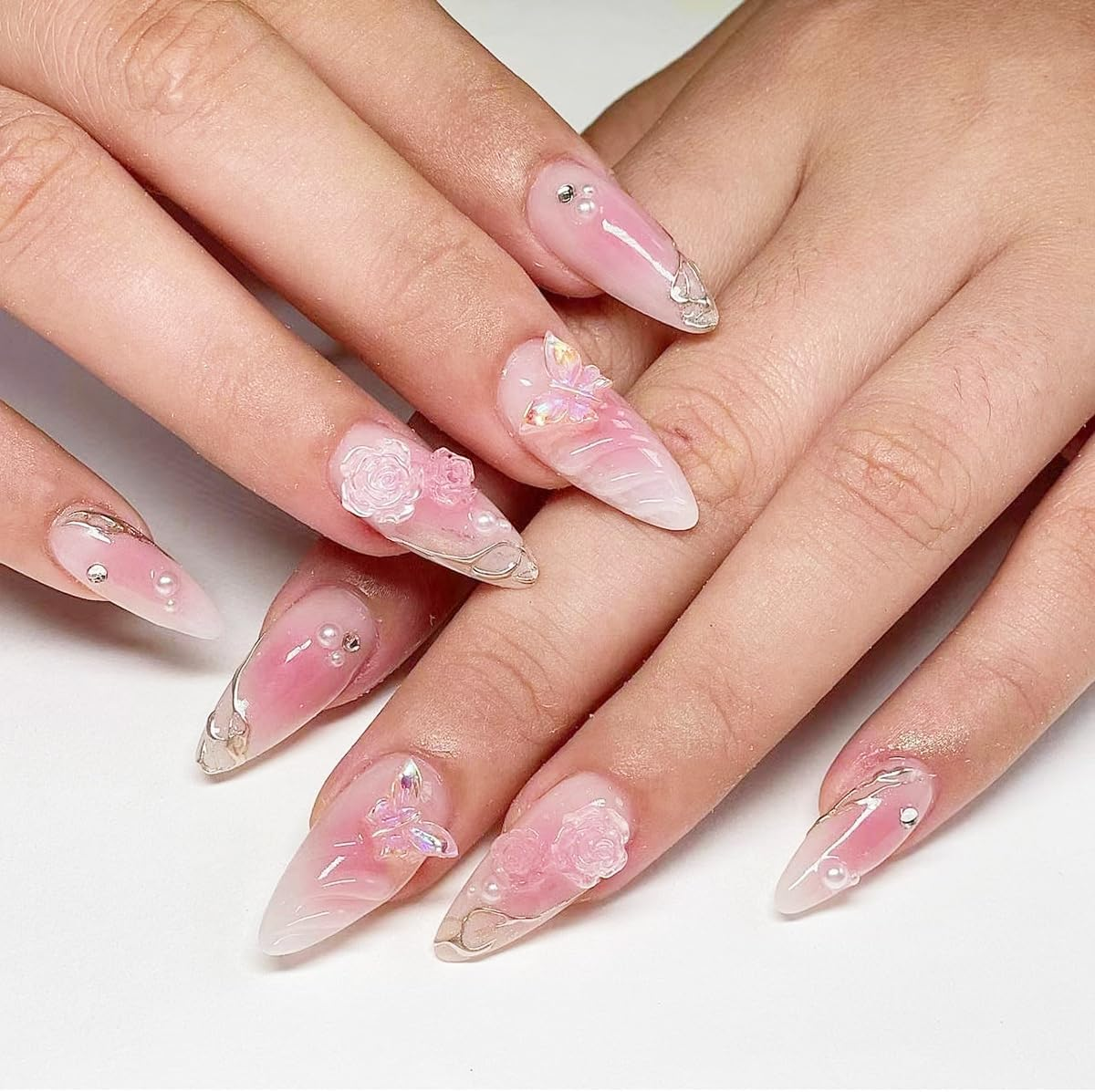 French Pink Press on Nails - 24 PCS 3D Flower Fake Nails Long Coffin False Nails with Rhinestones Designs Stick on Nails for Women Girls Party Salon image number 1