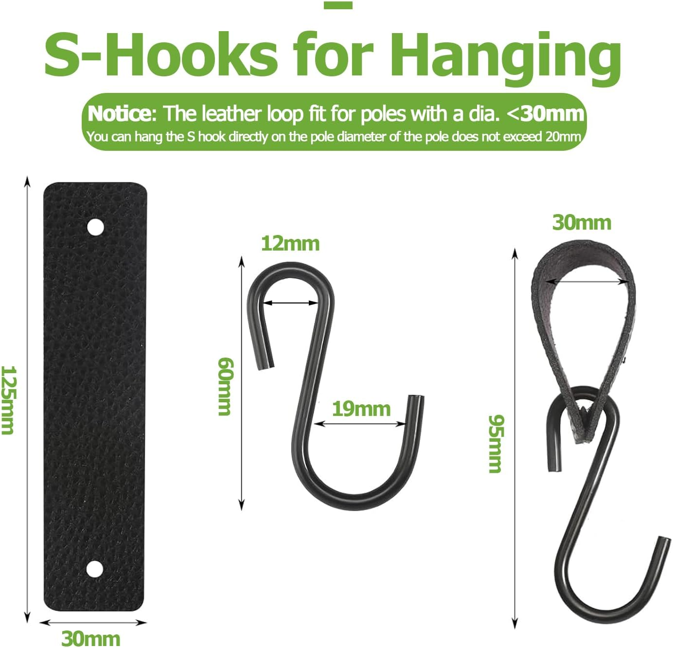 Bestgle 10 Pcs Leather S-Hooks Set, Multifunctional Black S Metal Hooks for Hanging, Hangers Hooks with Leather Loop for Kitchen, Bathroom, Camping Outdoors and Office image number 2