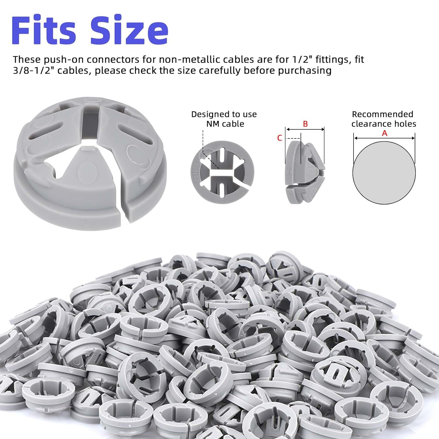 BOXOB 120Pcs Non-Metallic Push-In Cable Connectors, 3/8-1/2 Inch Electrical Box Wire Connectors Practical Conduit Fittings for Junction Box, Fits 1/2 Inch Knockouts (Gray)