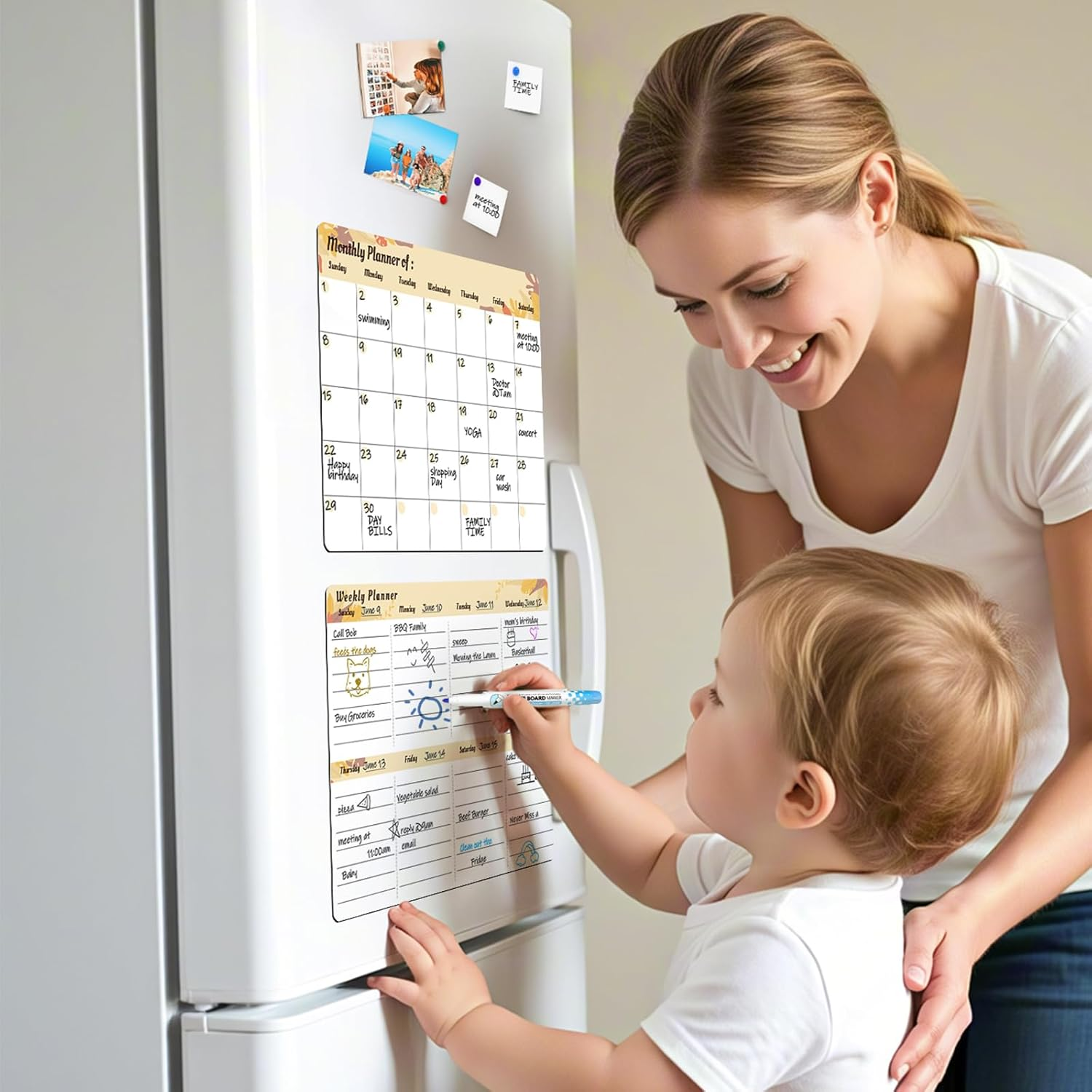 Refrigerator Calendar Magnetic, 16.3X11.7&rdquo; (4-Pack) &ndash; Weekly & Monthly Planner, Chore Chart, Grocery/To-Do List for Fridge, Includes 8 Markers, 6 Magnets & 1 Eraser for Kitchen, Yellow