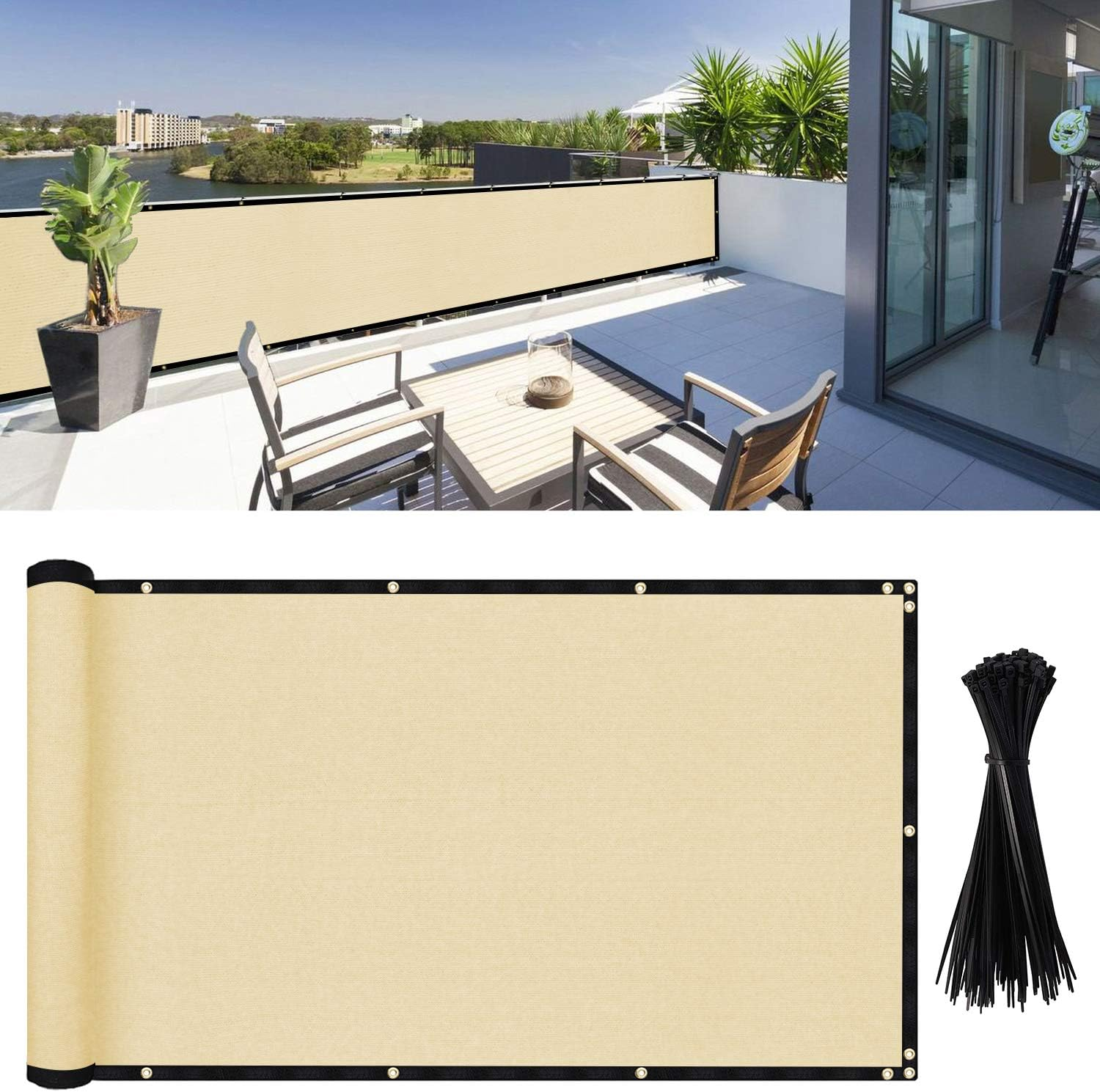 Dearhouse Balcony Privacy Screen Cover UV Protection Weather-Resistant Low Visibility Balcony Shield Cover with Cable Ties & Ropes (Beige)