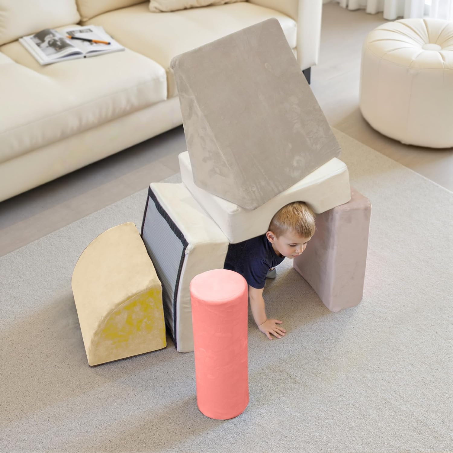 Banasuper 5-Piece Climbing Toys for Toddlers, Kids Foam Blocks Playset with Cylinder, Foldable Design, Toddler Indoor Soft Play Gym Activity Play Set for Crawling and Active Play (Pink & Yellow) - Blue  Grey image number 3