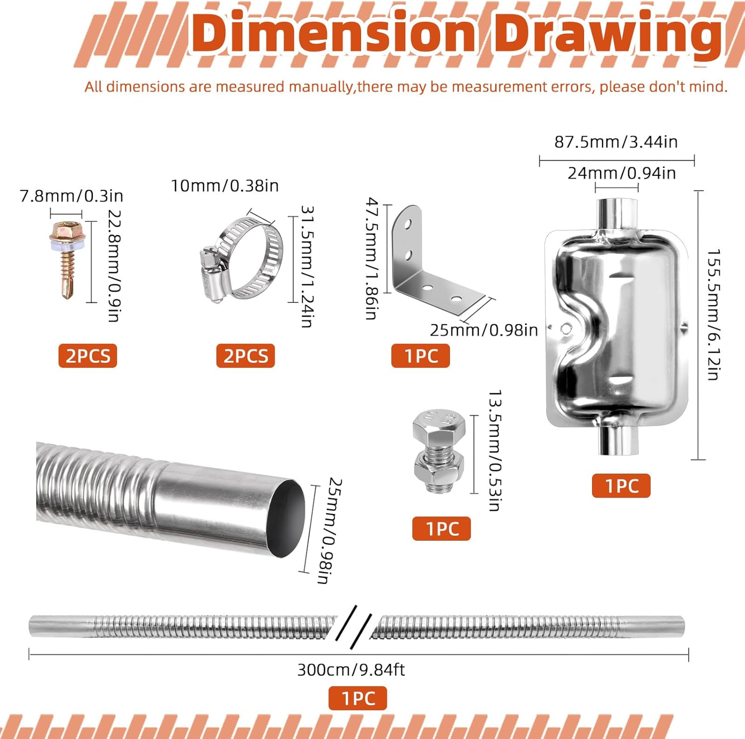 Tanstic 8Pcs Stainless Steel Diesel Heater Exhaust Pipe, Parking Air Heater Exhaust Pipe, Fuel Tank Diesel Gas Vent Hose with Muffler and Clamps (300Cm/118 Inch) image number 3