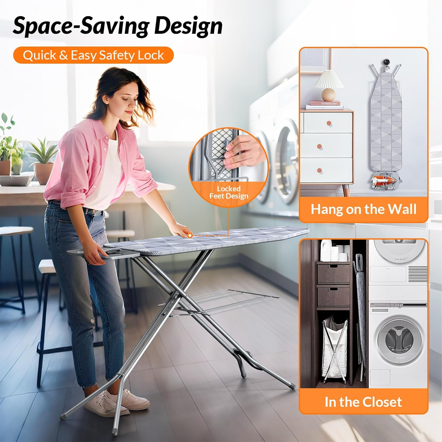 Hormes Ironing Board, 145X38Cm Iron Board with Steam Iron Rest, 7 Adjustable Height Foldable Ironing Boards with Removable and Washable Cover, Wall Mount Hanger for Space-Saving Storage Home Use, Grey image number 4