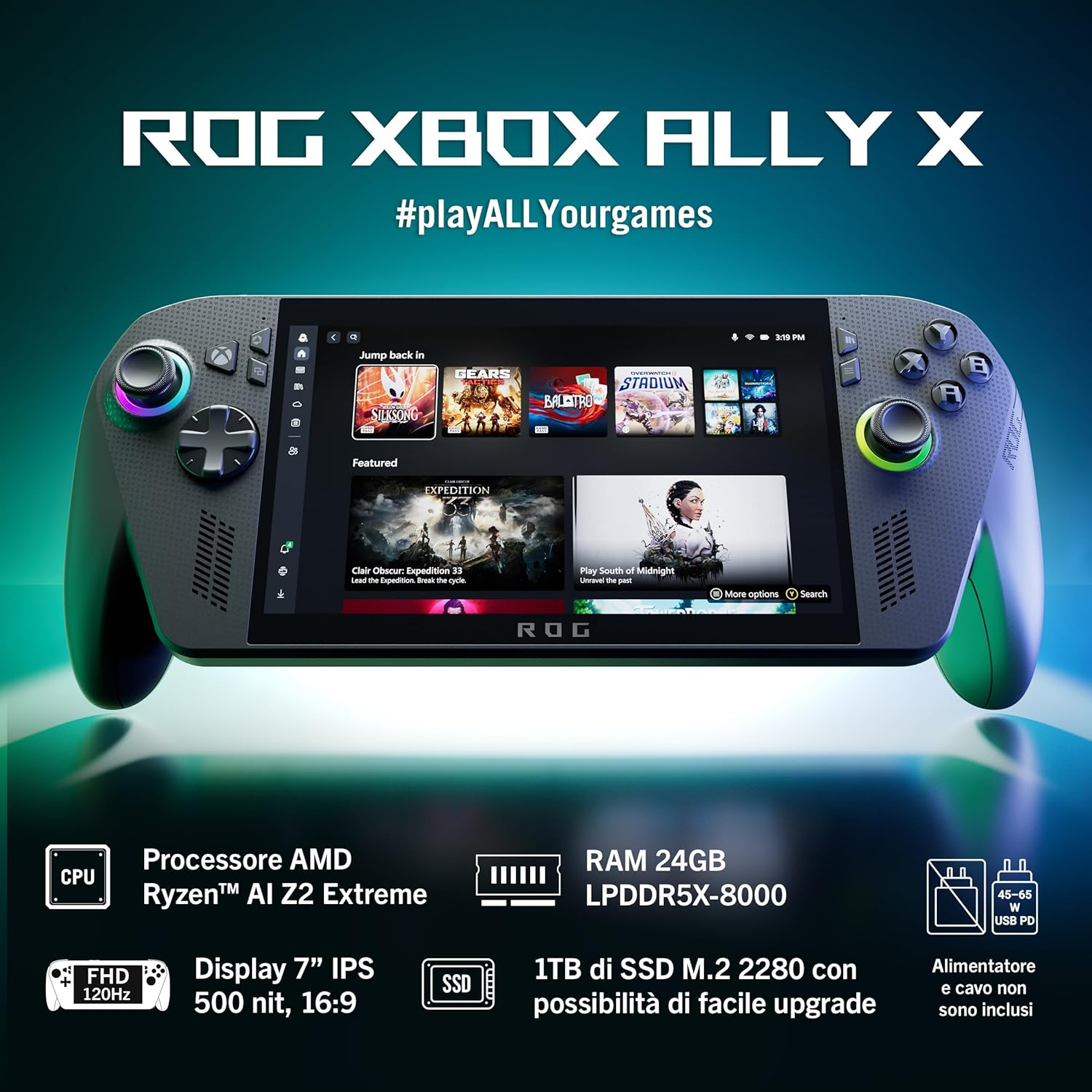 ASUS ROG Xbox Ally X RC73XA, Gaming Console, AMD Ryzen Z2 Extreme, 24GB RAM, 1TB PCIE SSD, 7" 120Hz Touchscreen Display, Impulse Trigger, Windows 11 Home, Black image number 1