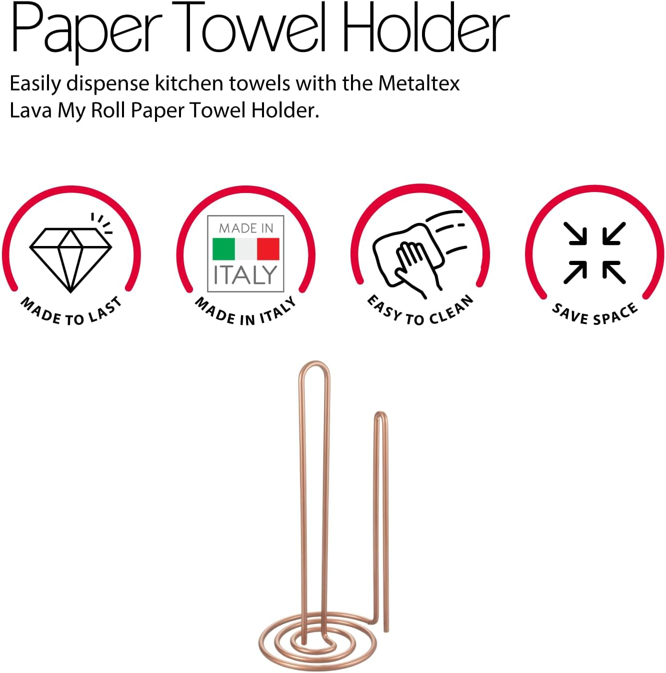 Metaltex Kitchen Roll Holder, Steel, Copper, 15 X 15 X 32 Cm image number 2