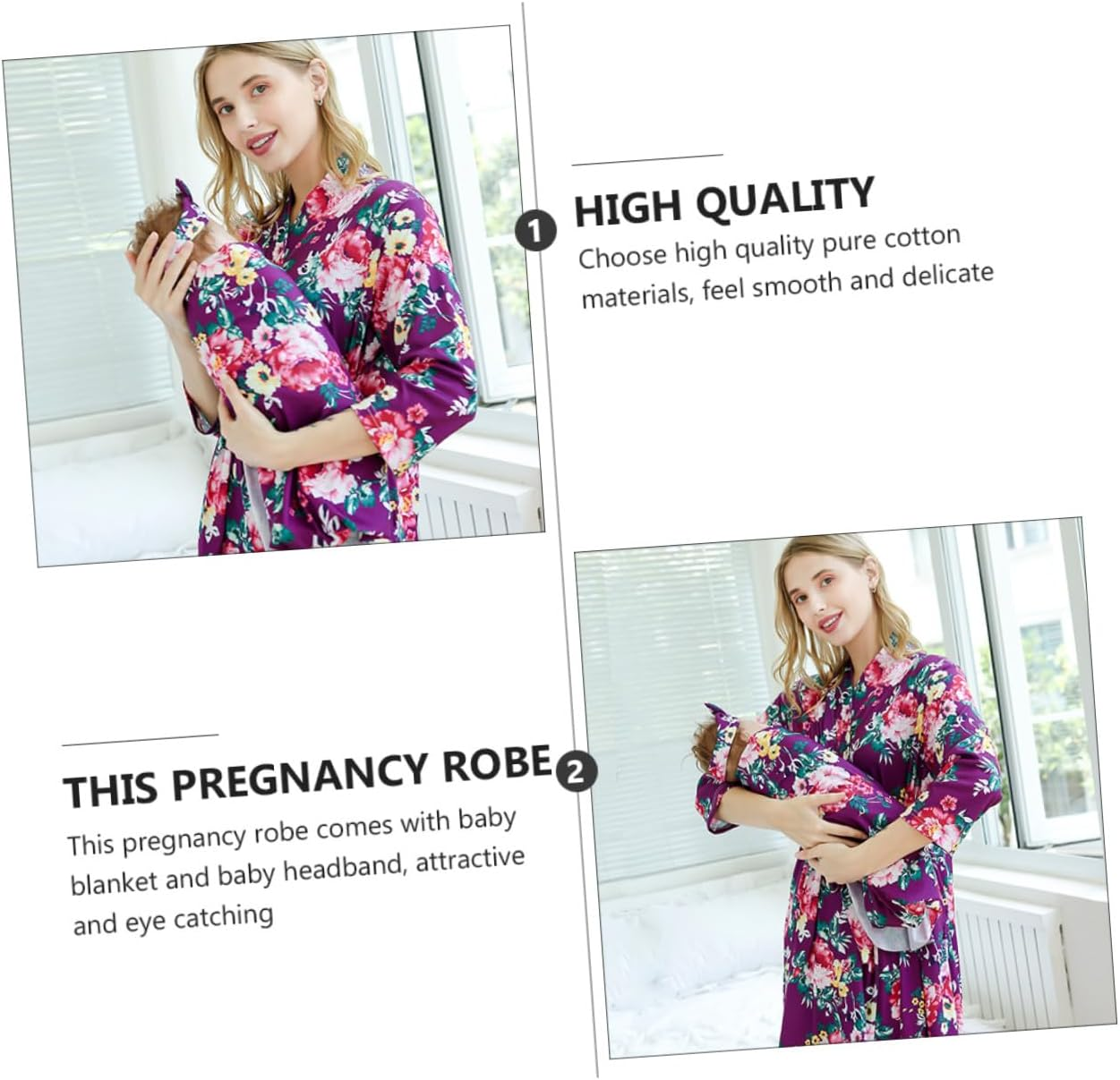 FOMIYES 3Pcs Maternity Robe for Women with Blanket and Headband Breathable Nursing Nightgown with Elegant Floral Print Comfortable Loose Fit Sleepwear for Postpartum and Pregnancy S image number 5