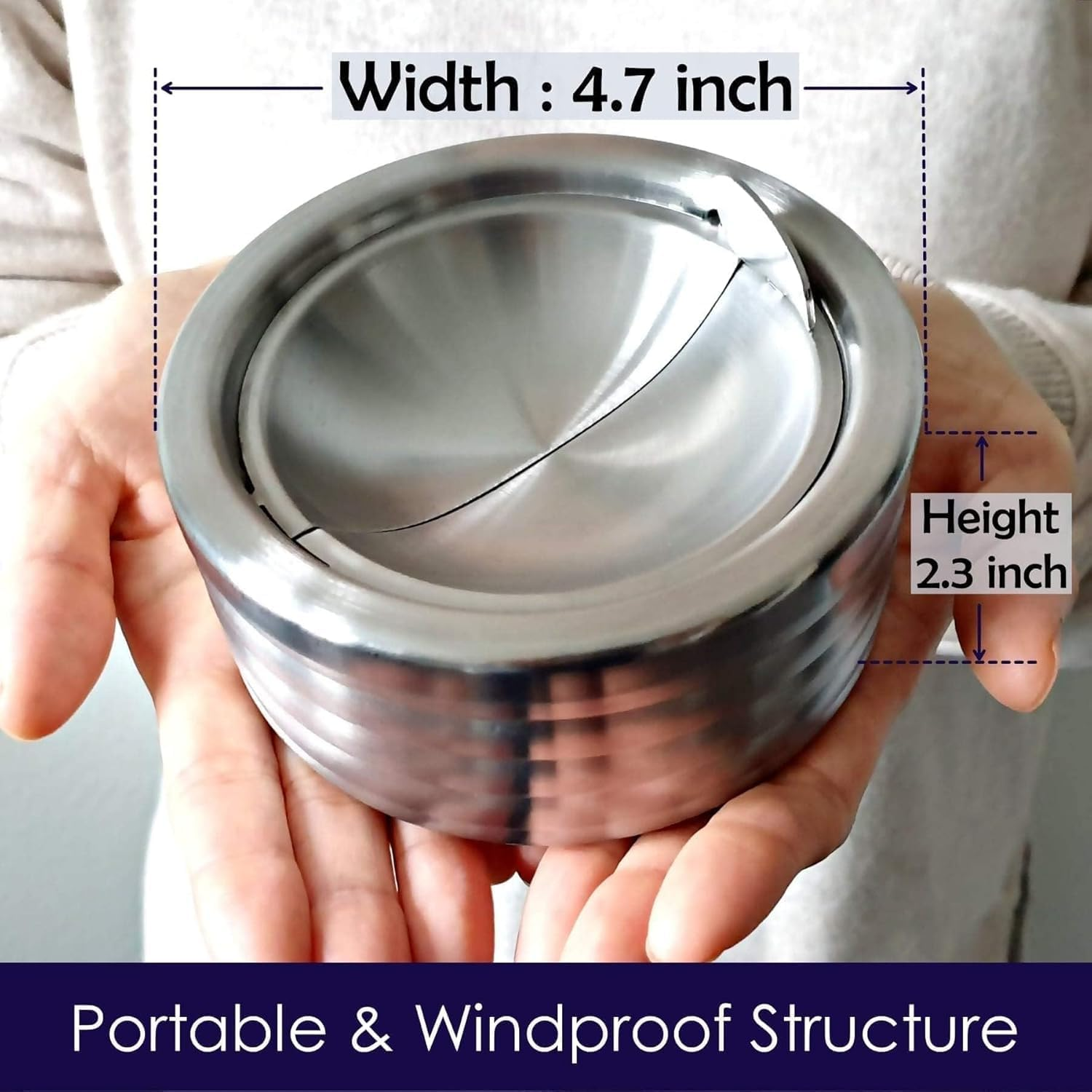 Grooved Silver Classic Metal Ashtray with a Lid for Cigarettes - Windproof Outdoor Ashtrays Can Patio Outdoor Indoor Decorative Fancy Ash Tray