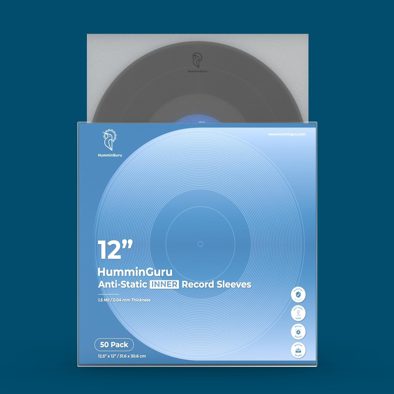 Humminguru Vinyl Record Inner Sleeve 12 Inch, Acid Free & anti Static Vinyl Sleeves, 1.5Mil HDPE Inner Record Sleeves, round Bottom Record Sleeves for Album Covers,50 Pack (12" Inner Sleeves) image number 3