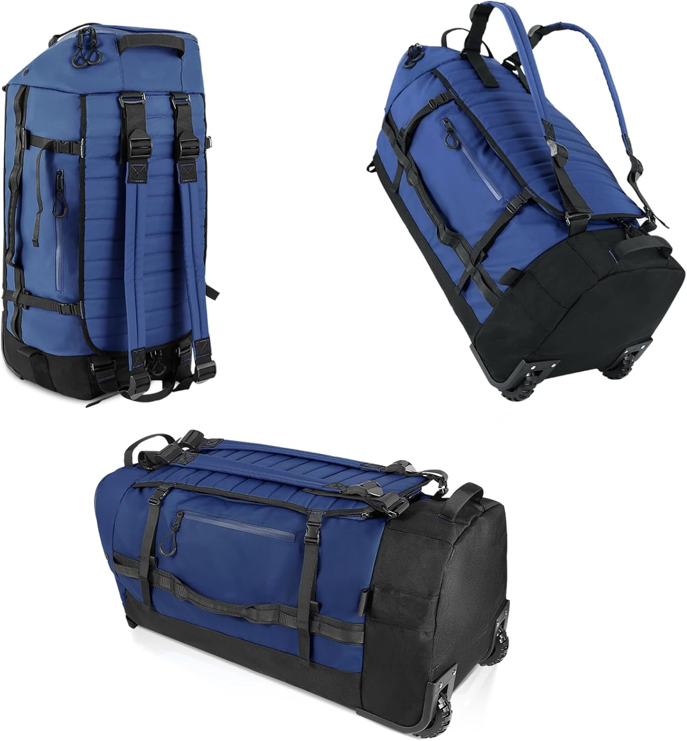 CONTAIL 86L Foldable Wheeled Duffel Backpack with Padded Quilted Bottom, Waterproof Collapsible Travel Duffle Bag with Extended Web Handles, Navy, Litle, Expandable Luggage with Spinner Wheels