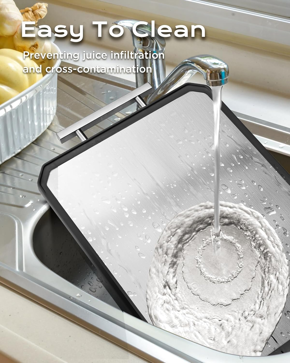 SNOWCLAD Stainless Steel/Wheat Straw Pp Large Cutting Board, 13"L X 10"W, Brown and Silver, Double Sided, Juice Groove, Non-Slip Handle, Dishwasher Safe, Non-Toxic, for Meat, Veggies, Fruits image number 6