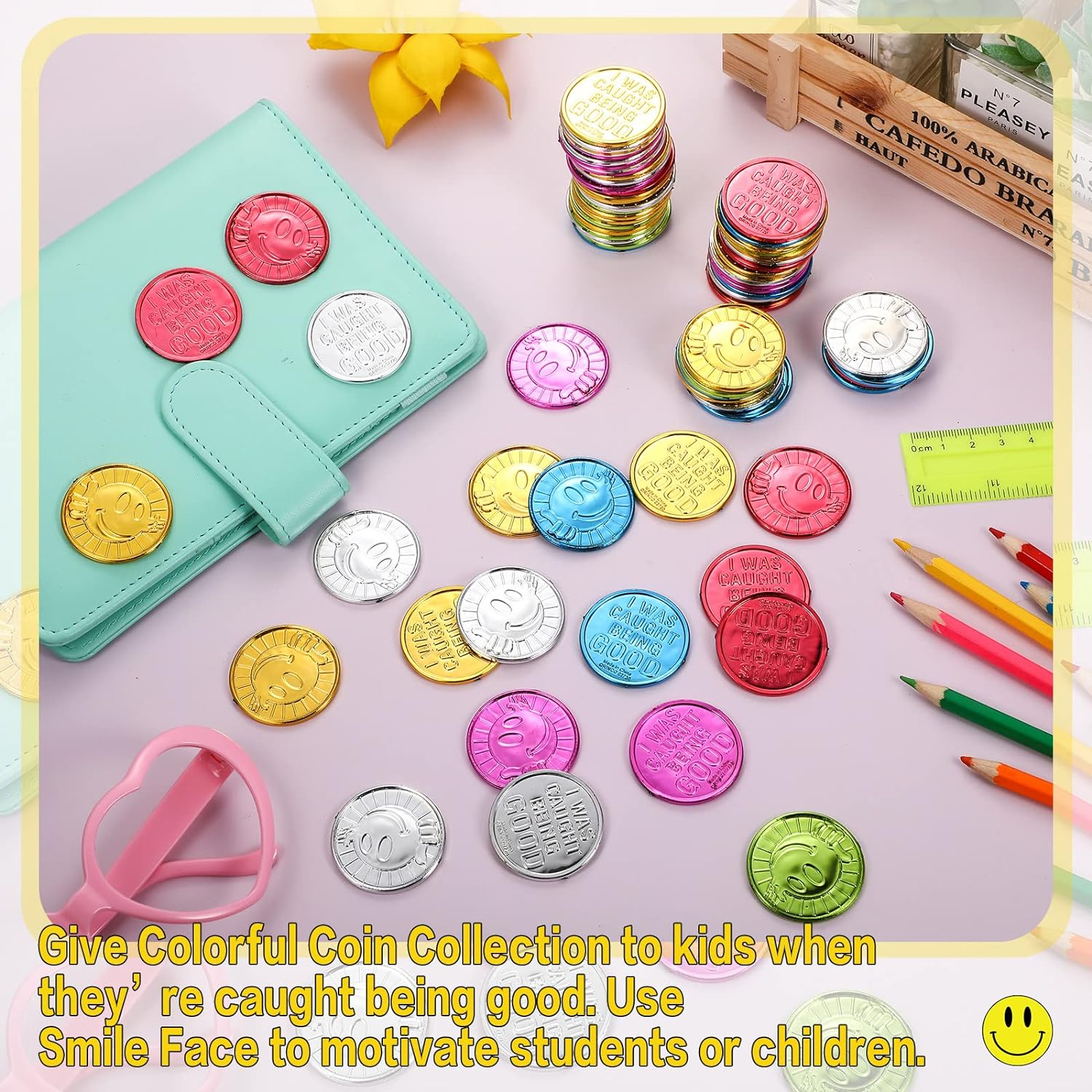 Jerify 500 Pcs Behavior Tokens for Kids Plastic Coins I Was Caught Being Good Incentive Fake Kindness Coins Colored Behavior Coin Pretend Coin for Kids Reward Party Play Counting (Smile Face) image number 3