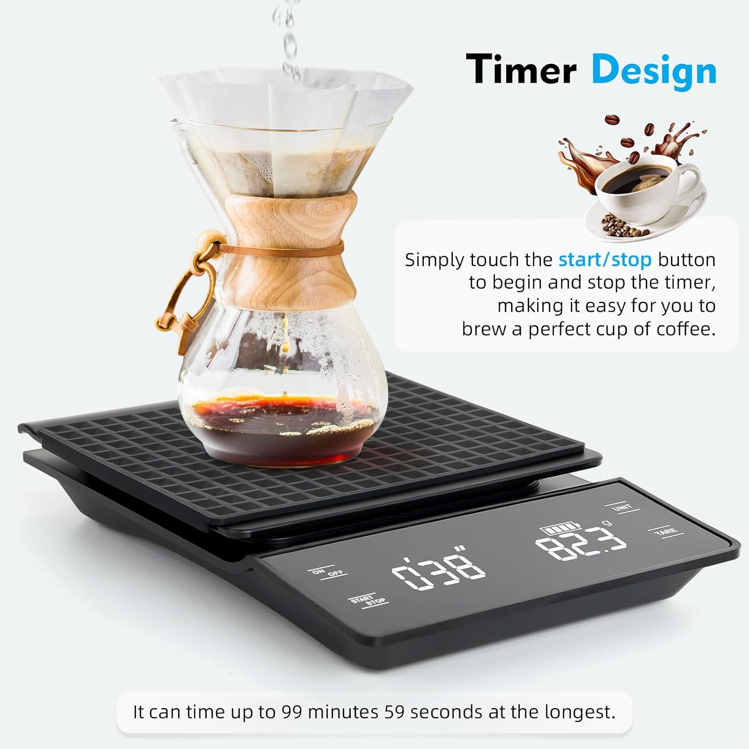 Coffee Scale with Timer, 0.1G Precision Espresso/Food Weight Scale up to 3Kg, Kitchen Scales with LED Display Tare Function Touch Control with Insulation Pad Rechargeable image number 5