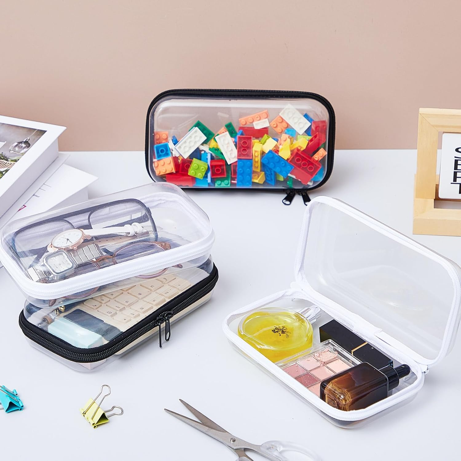 Hoolerry 4 Pcs Hard Clear Zipper Case Makeup Bags Plastic Pencil Pouch Transparent Storage Box Containers for Cosmetics, Snacks, Building Blocks, Puzzles(Black and White,7.5 X 3.9 X 2 In) image number 4