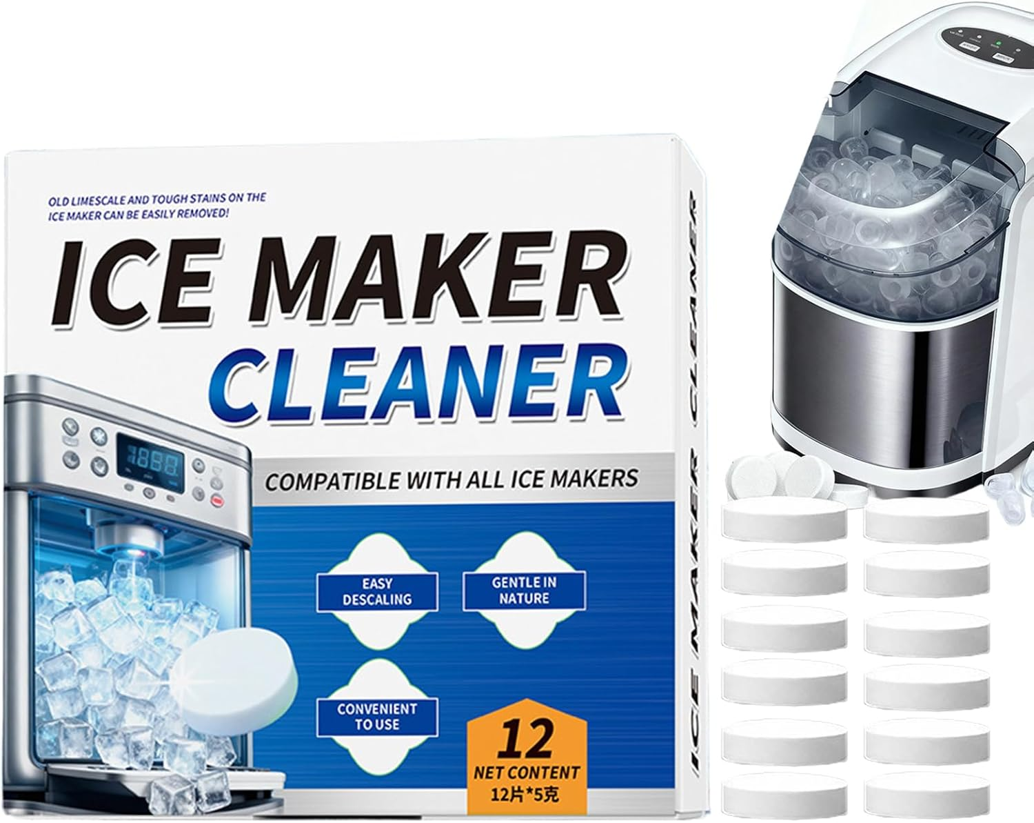 12 Pieces Ice Maker Cleaner Tablets, Ice Machine Cleaner, Coffee Machine Descaler, Tablets Descaling for Cleaning Appliance Home Cooler Remove Odor,For Dining Room Kitchen Household Commercial image number 1