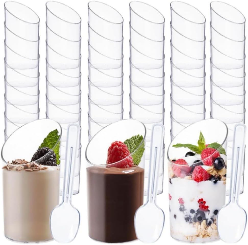 DACUAN 50Pcs Dessert Cups,Small Reusable,For Mousse, Pudding, Ice Cream, Desserts, Drinks, Washable Clear Dessert Cups for Mousse.（Round） image number 2
