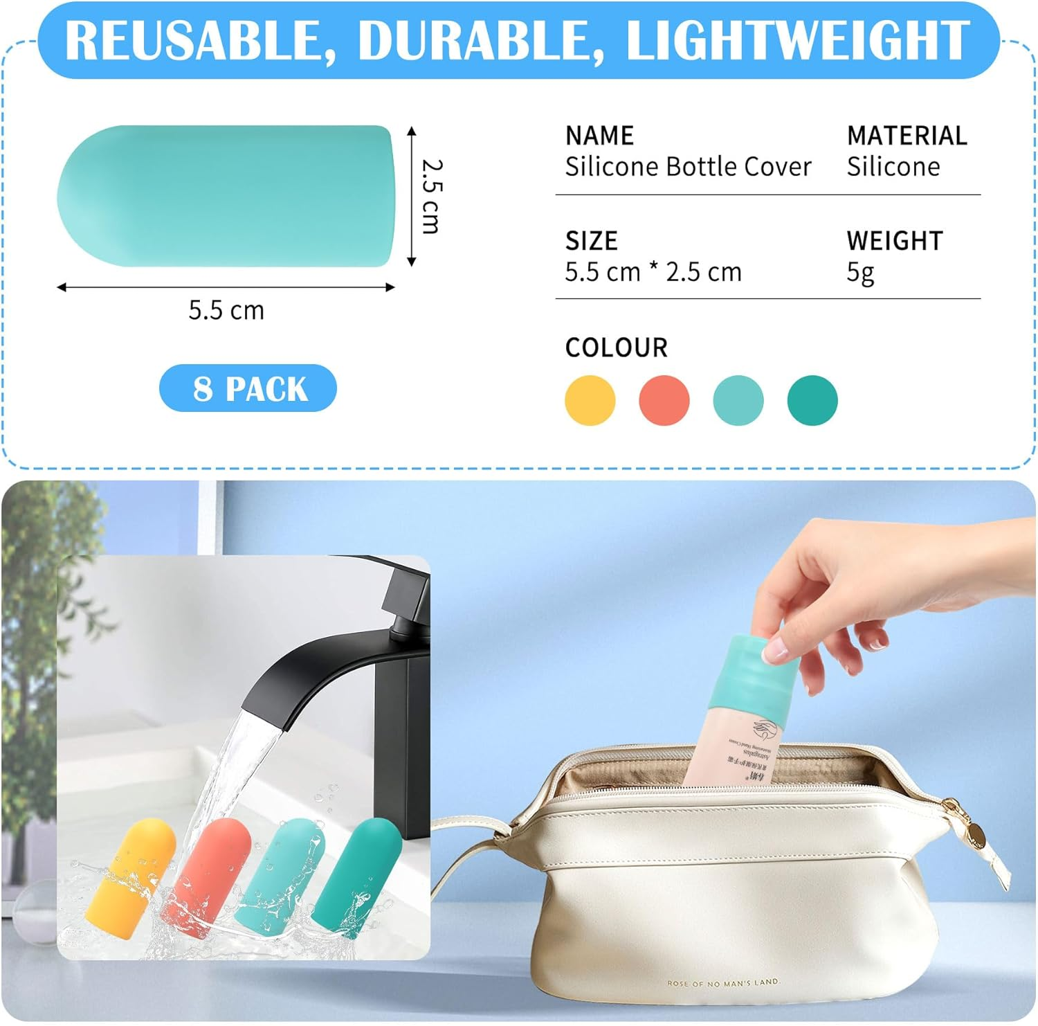 Silicone Bottle Covers for Travel，8 Pack Elastic Sleeves Leak-Proof Travel Toiletries Caps, Lightweight Reusable Travel Accessories for Luggage for Women Men for Travel Size Toiletries image number 4
