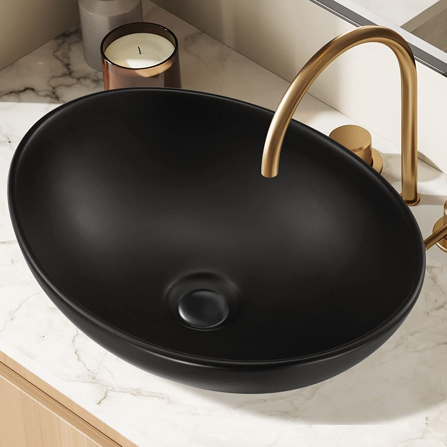 Luxsuite Bathroom Basin Oval Bathroom Sink Vessel Wash Basin Washing Vanity Bowl above Counter Hand Toilet Bath Countertop Ceramic Basin Black image number 5