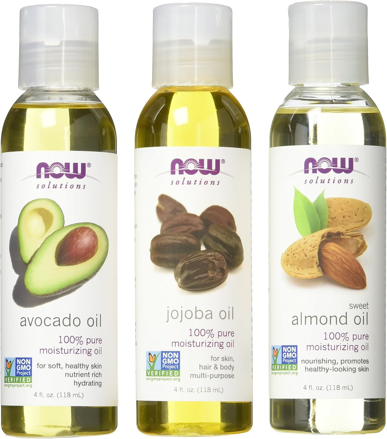 Now Foods Variety Moisturizing Oils Sampler: Sweet Almond, Avocado, and Jojoba Oils - 4Oz. Bottles Each image number 1