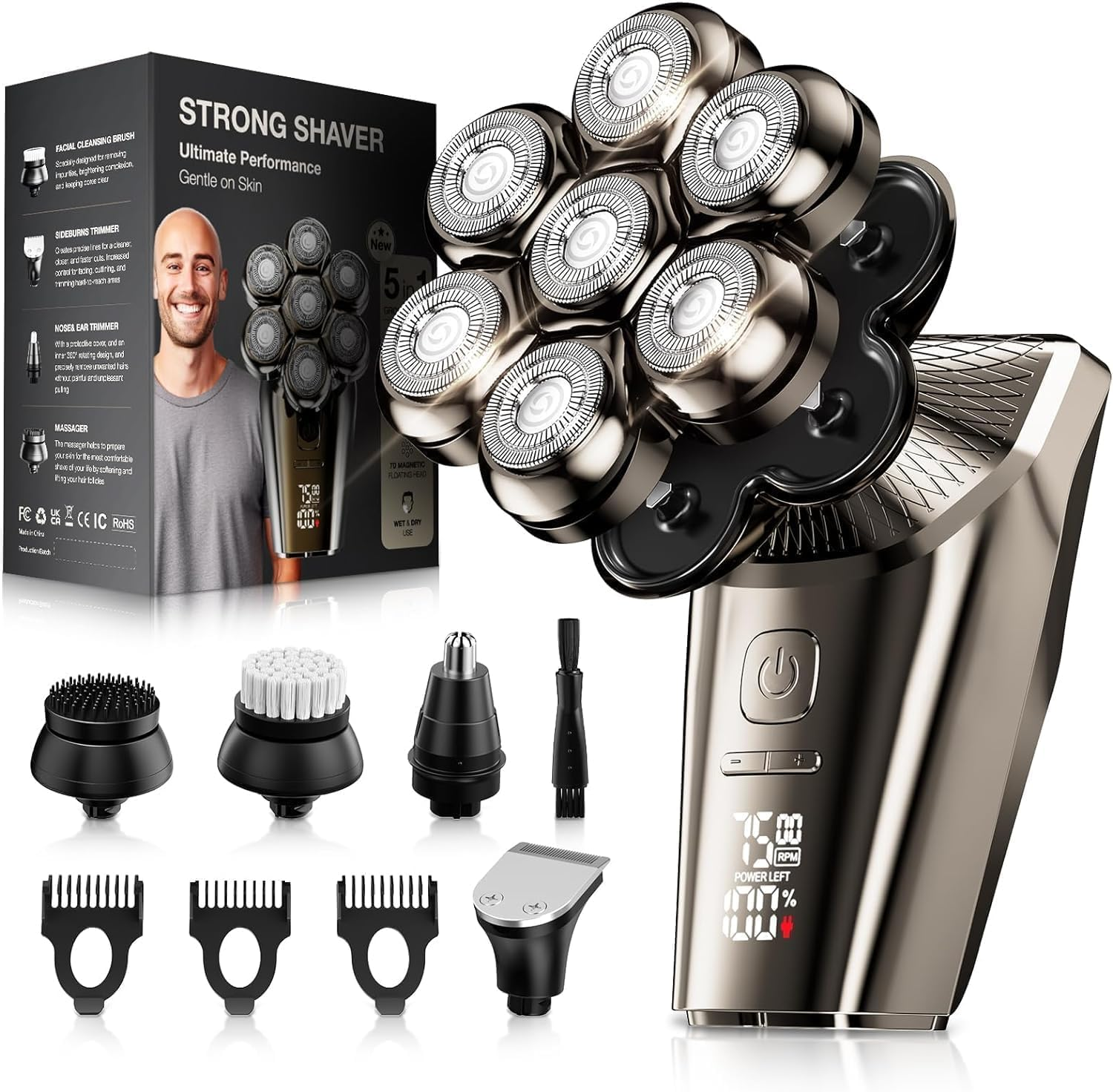 7D Portable Head Shavers for Bald Men, 9-In-1 Detachable Upgraded IPX7 Waterproof Dry/Wet Magnetic Floating Electric Razor with LED Display for Nose Hair, Beard, and Other Body Hair image number 1