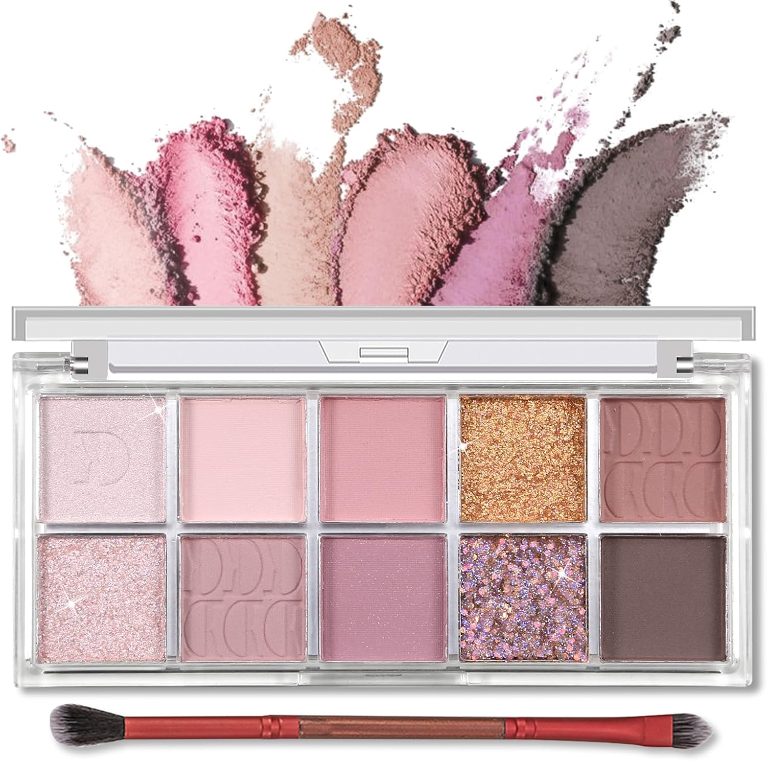 Erinde 10 Colors Eyeshadow Palette - Matte Shimmer Glitter Ultra-Blendable, High Pigmented, Natural-Looking Korean Eye Makeup, Pink Eyeshadow Palette with Brush, Milk Tea