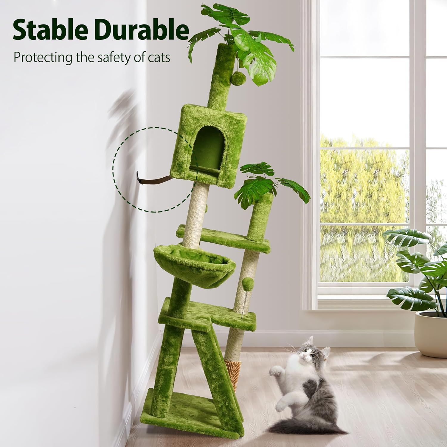 Meecal 65In Tall Cat Tree with Leaves for Indoor Cats, Green Cat Tower with Scratching Post,Hanging Hammock,Cozy Perch,Swing Ball,Self Groomer and Cat Ladder,Cat Tree Tower image number 2