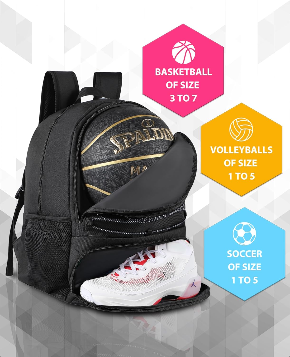 TRAILKICKER Mesh Black Basketball Soccer Bag Backpack Sports Volleyball Football Bag with Ball and Shoe Compartment for Boys Girls Man Women Ball Equipment Bag All Sports Venue image number 4