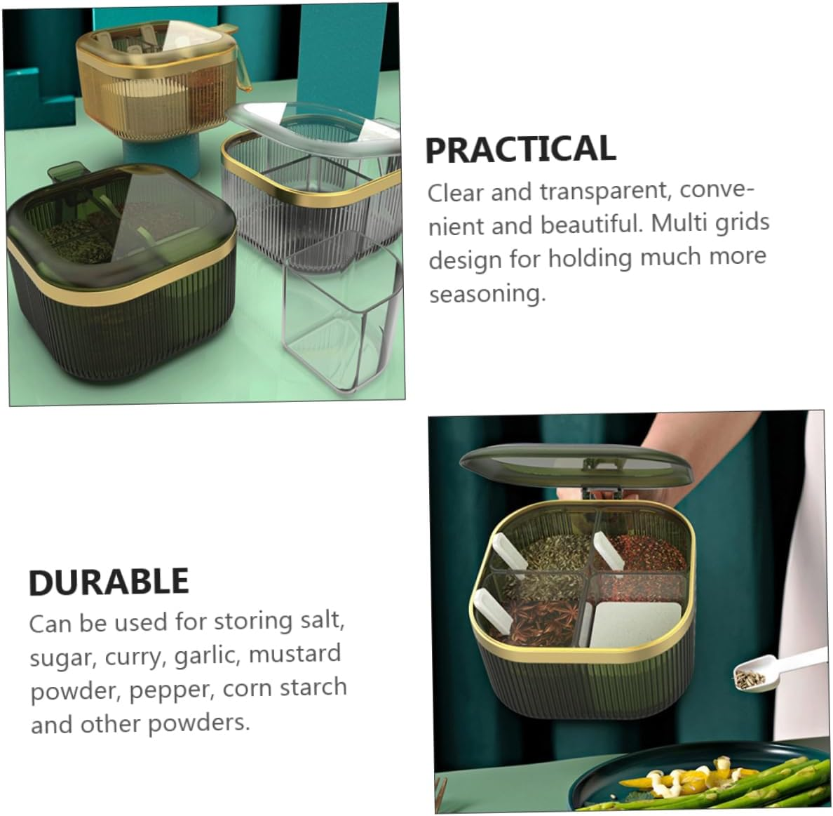 Hoement Seasoning Storage Box Pepper Salt Organizer for Kitchen Spice Box Spoon Condiment Container for Home Restaurant image number 3