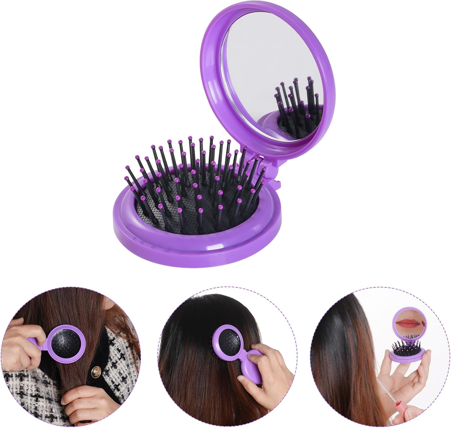 OJIOUI 2Pcs Mini Folding Hair Brush with Mirror round Small Portable Pocket Hair Brush Travel Size Mini Pop up Hairbrush for Women Girls (Rose Red, Purple) image number 2