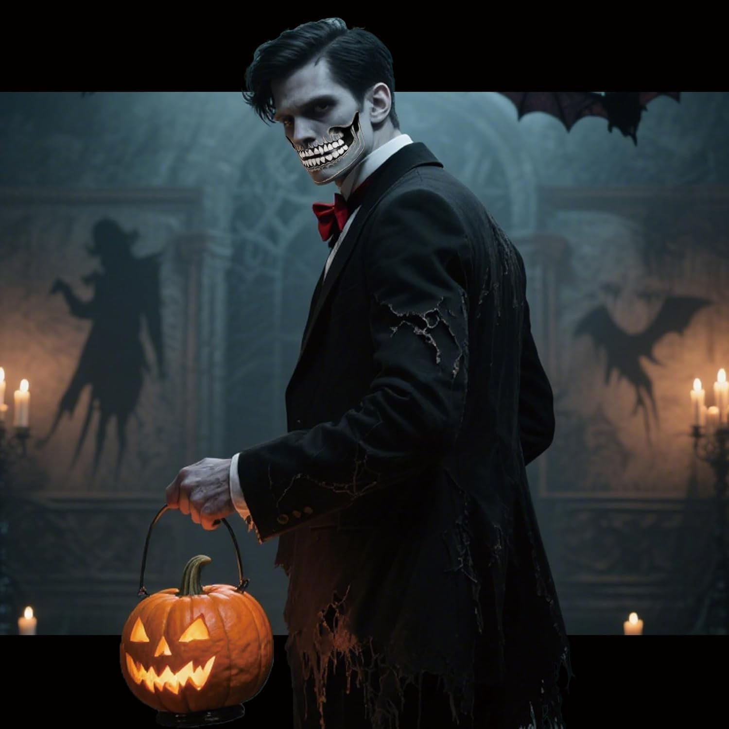 2 Set Skeleton Face Tattoo Classic Skull Temporary Tattoo Halloween Costume for Men and Women,Skeleton Costume，Halloween Face Tattoos image number 3