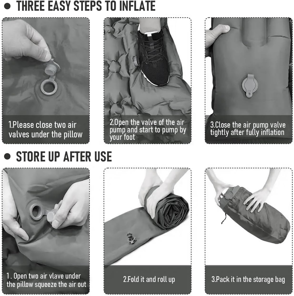 Alpen Double Portable Sleeping Pad Self Inflating Waterproof 2 Person Camping Mattress Inflatable Foot Press Ultralight Mat with Pillow for Backpacking, Hiking, Traveling (Grey) image number 5