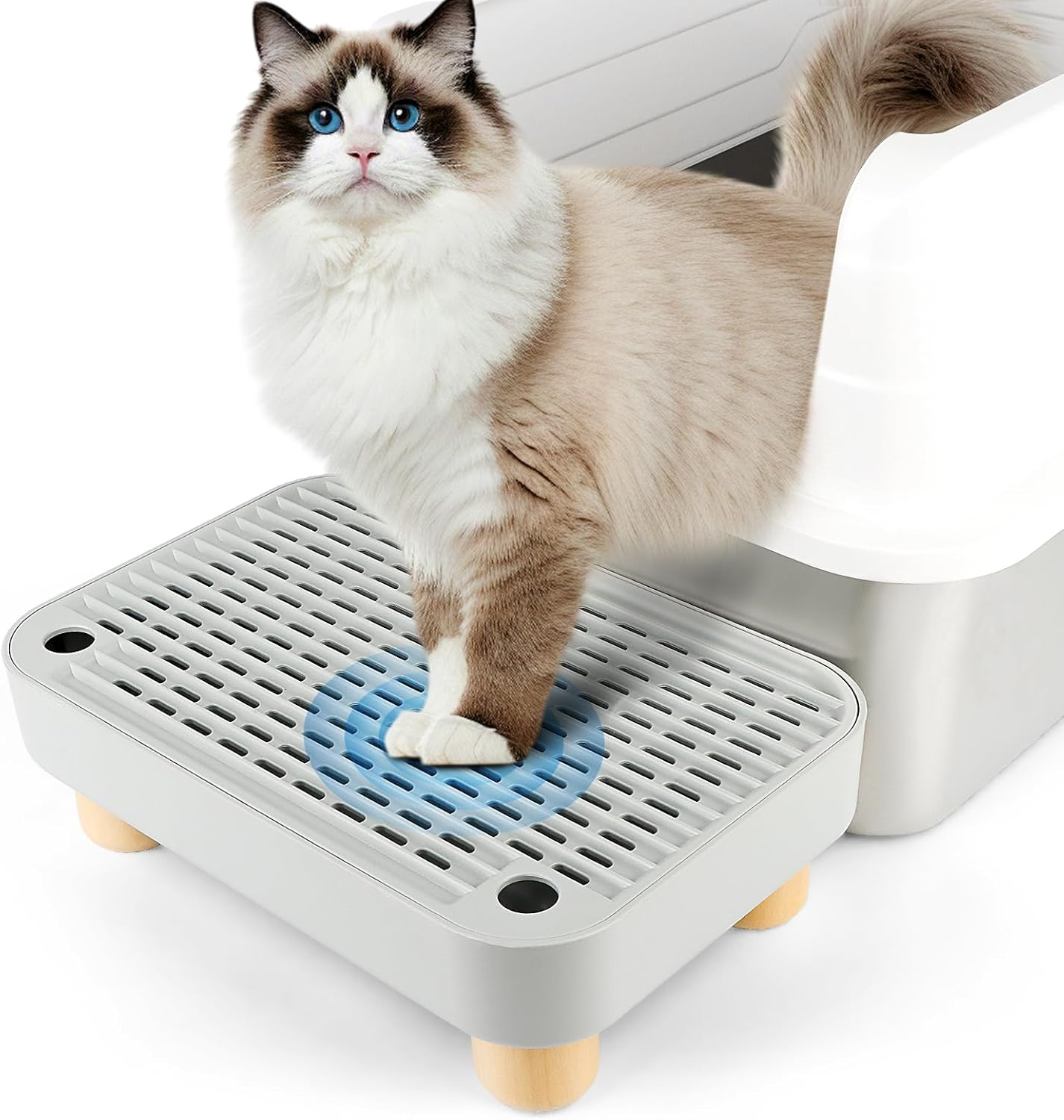 Bartuke Litter Box Step, Cat Step/Ramp/Catcher with Wooden Base, Filter Function, Easy to Clean, Ideal for Kitten & Elderly Cats (Light Grey)