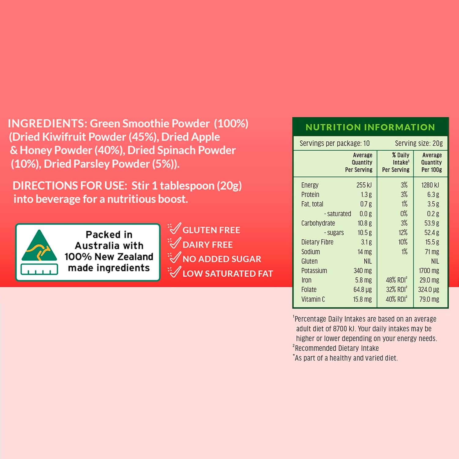 Green Smoothie Powder &ndash; 100% Natural Wholefood Blend with Apples, Kiwifruit, Spinach & Parsley &ndash; Vitamin C, Iron & Fiber &ndash; Nutrient-Dense Superfood Mix &ndash; Vegan, Gluten-Free, Energy & Immune Boost &ndash; 200 Grams image number 1