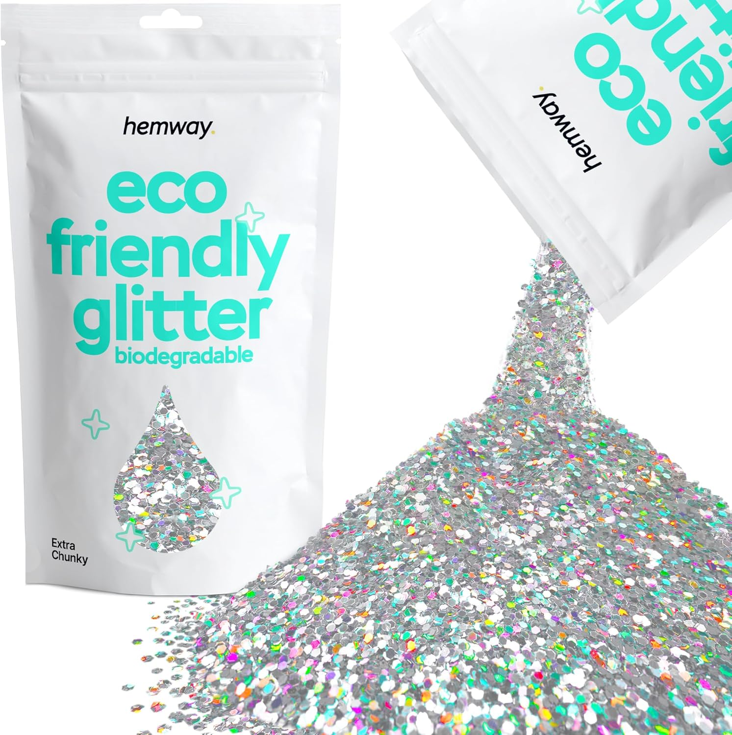 Hemway Eco Friendly Biodegradable Glitter 100G / 3.5Oz Bio Cosmetic Safe Sparkle for Face, Eyeshadow, Body, Hair, Nail, Festival Makeup - Extra Chunky (1/24" 0.040" 1Mm) - Silver Holographic image number 3
